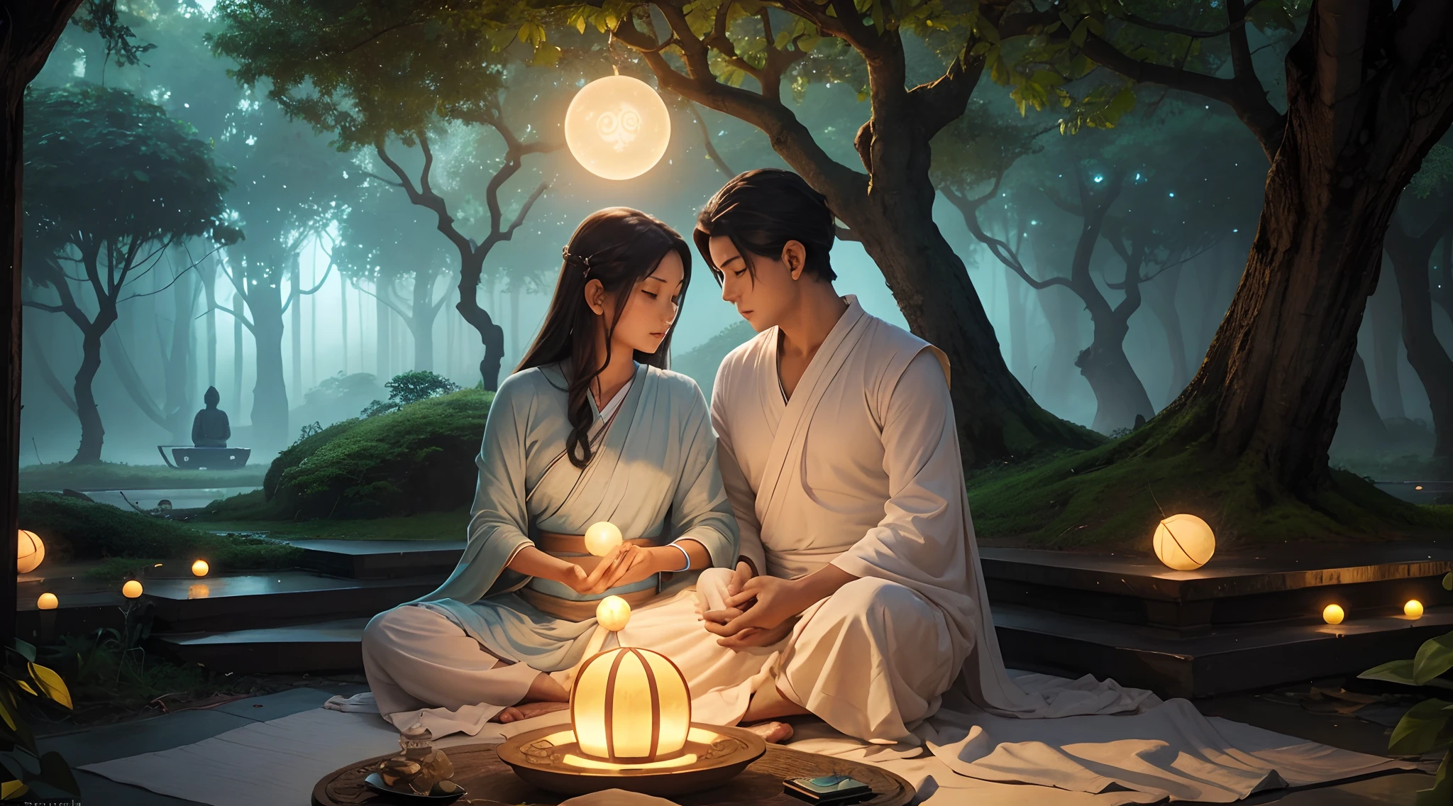 Explanation: For a more artistic and eye-catching thumbnail, we will create a slightly surreal and dreamy composition. The image will feature Gautam Buddha and the young man in a contemplative embrace under the Bodhi tree, surrounded by floating, glowing orbs representing enlightenment and knowledge. Visual Elements: Gautam Buddha and the young man sitting close together, their foreheads gently touching, symbolizing the sharing of wisdom and enlightenment. The Bodhi tree with vibrant, luminescent leaves creating a magical atmosphere. An array of softly glowing orbs or lotus flowers hovering around them, each representing a specific aspect of wisdom, insight, or enlightenment. A background that transitions from earthly to celestial, with dreamy colors and a soft focus to create an otherworldly feel. The overall composition should be balanced and visually appealing, drawing the viewer's attention to the profound connection between the two figures and the spiritual elements in the scene.
