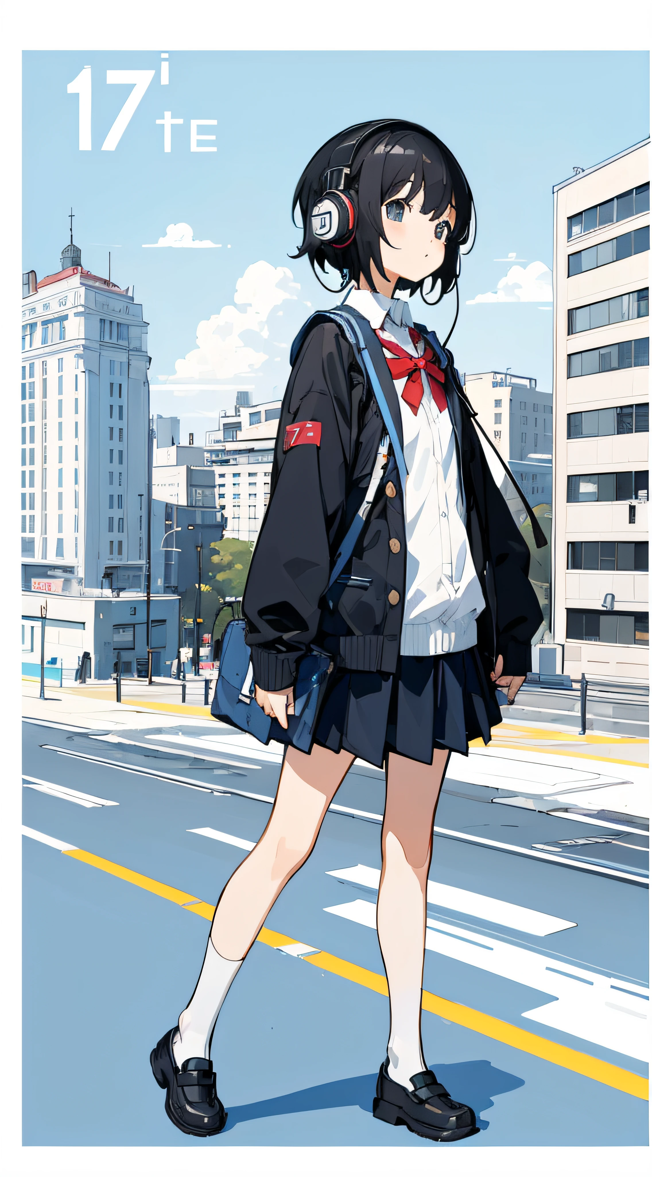 (Top quality illustrations:1.2)、(Cute little girl s:1.0)、(女の子1人:1.0)、(Short black hair:1.0)、(School Uniforms:1.0)、(full body Esbian:1.0)、(ultra-detailliert) 、17 age、(The background is the cityscape:1.1)、If you have headphones、