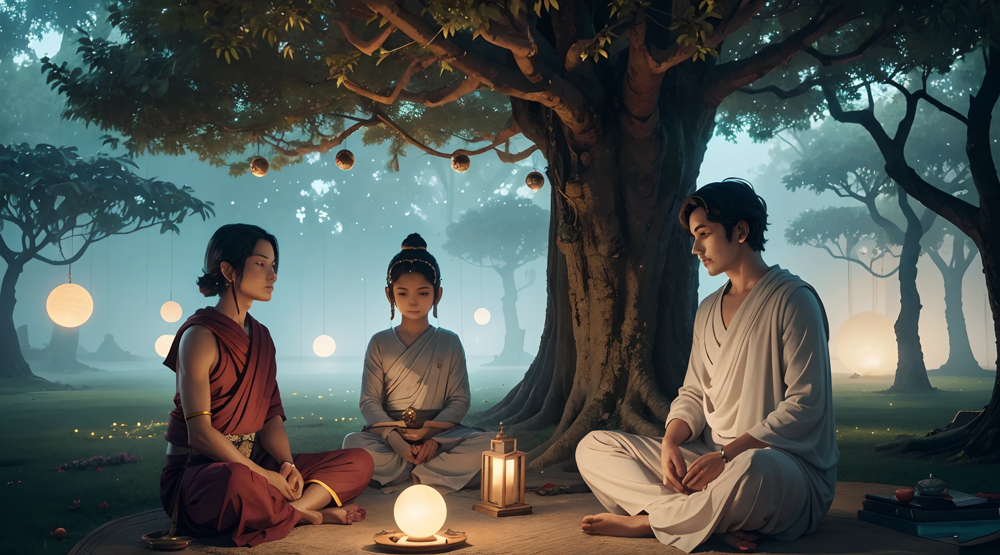 Explanation:
For a more artistic and eye-catching thumbnail, we will create a slightly surreal and dreamy composition. The image will feature Gautam Buddha and the young man in a contemplative embrace under the Bodhi tree, surrounded by floating, glowing orbs representing enlightenment and knowledge.

Visual Elements:

Gautam Buddha and the young man sitting close together, their foreheads gently touching, symbolizing the sharing of wisdom and enlightenment.
The Bodhi tree with vibrant, luminescent leaves creating a magical atmosphere.
An array of softly glowing orbs or lotus flowers hovering around them, each representing a specific aspect of wisdom, insight, or enlightenment.
A background that transitions from earthly to celestial, with dreamy colors and a soft focus to create an otherworldly feel.
The overall composition should be balanced and visually appealing, drawing the viewer's attention to the profound connection between the two figures and the spiritual elements in the scene.