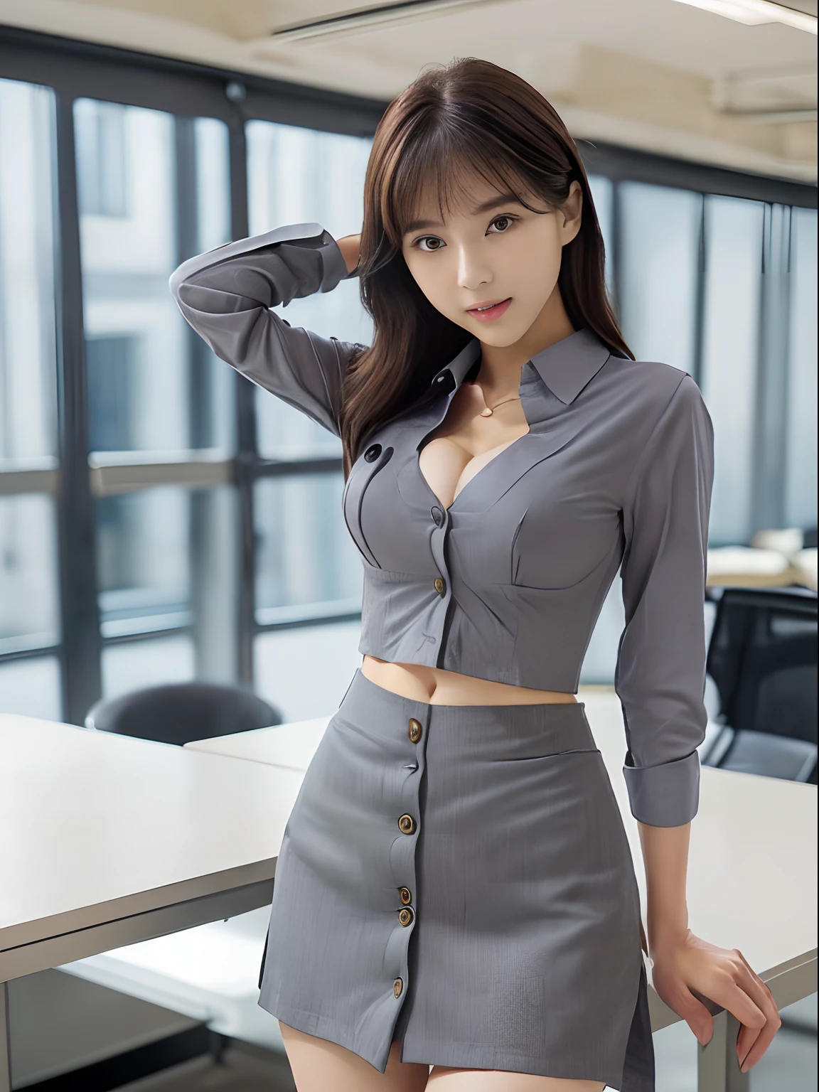 (top-quality、8K、masterpiece:1.2), (Cute Japan Beautiful Girl、18year old:1.4)、(Neat and beautiful face、the golden ratio:1.5)、 (Very fine eye definition, Symmetrical eyes:1.3), (Brown eyes, Parted bangs, Lustrous black hair:1.2)、(Perfect body without contradiction、Perfect limbs without contradiction:1.7)、(shinny skin:1.2)、(Beautiful large breast:1.6)、(Constricted waist:1.5)、(Gray tight business suit、White collared shirt、Gray tight mini skirt:1.3) 、(Unbutton your shirt two buttons.、Expose your bra and breasts:1.5)、pumps、(bending forward、sexypose:1.4)、(Looking at the camera:1.3)、(Empty alleys in an empty office district:1.2)、the wind、optic、blurry backround