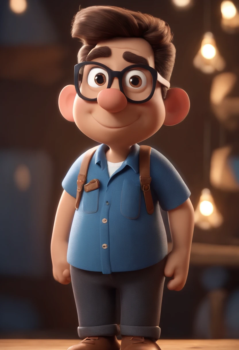 Cartoon character of a man wearing black glasses and a blue shirt, um personagem animado, Caractere estilizado, animation style rendering, 3D estilizado, Arnold Maya render, 3 d render stylized, toon render keyshot, Personagem 3D, Personagem 3D, 3d rendering stylized, 3 d character render, personagem de desenho animado, Personagem de close up, Pose de personagem, (Estilo Pixar) (master part:1.2) (Bokeh) (best quality) (pele detalhada) (textura detalhada) (8k) (argila) (Cinematic lighting) (foco nítido，Senta e vaza a parte superior do corpo