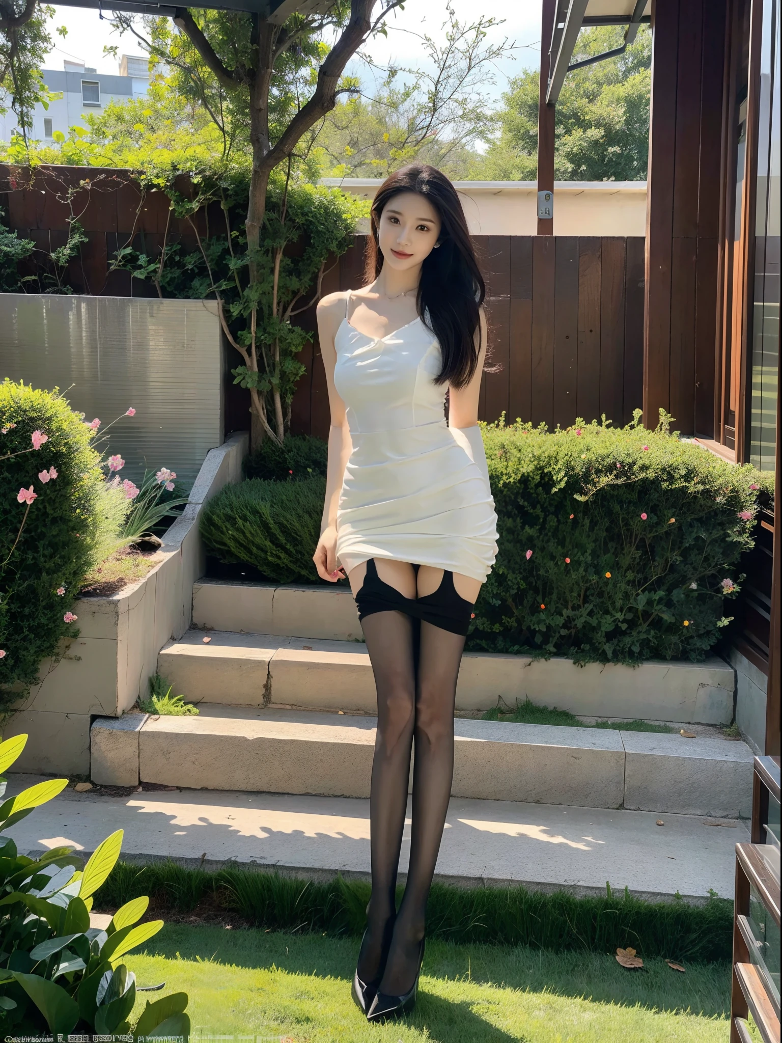 ,Masterpiece, Best quality,8K, 超高分辨率,Reallightandshadow,Cinema lenses,(beautidful eyes:1.1), ((中景 the scene is,The upper part of the body)),dynamicposes,On a green meadow,The gentle goddess came with gentle steps。She wore a white dress,A gentle breeze blows,The skirt dances lightly。The sun shone through the leaves in her hair,Reflecting her clear eyes and gentle smile。Colorful butterflies flutter around her,Flowers bloomed at her feet,It was as if nature was cheering for her。black lence stockings