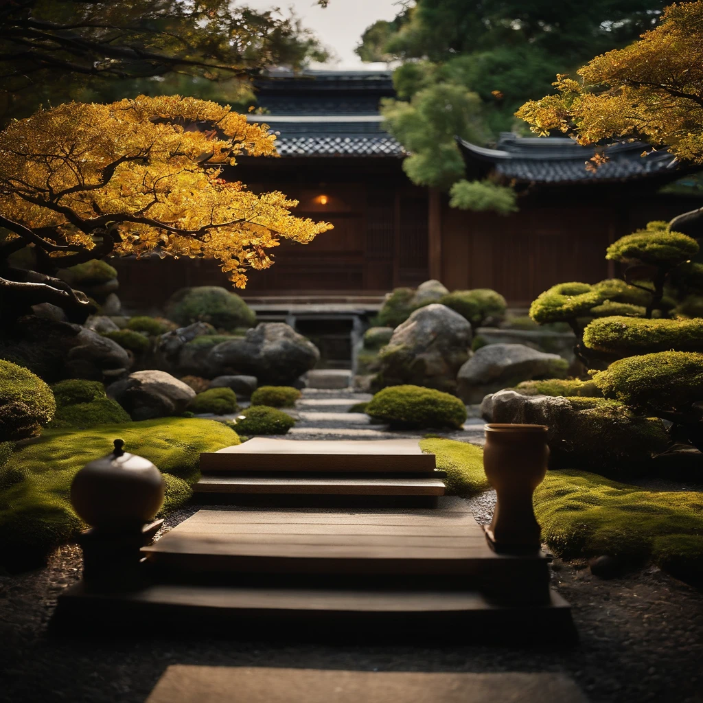 A beautiful nude woman wear high heels shoes, walking in the japanese style garden.