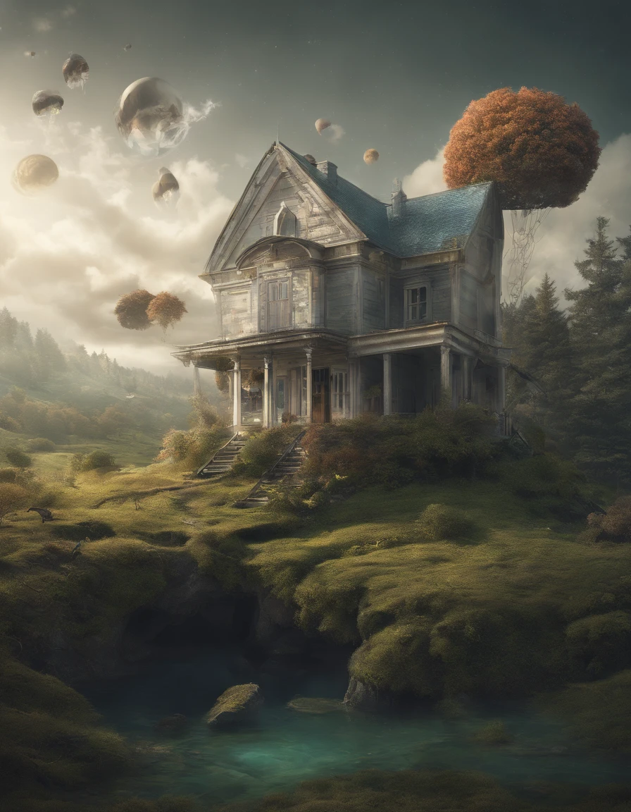(((Photorealistic Images)))
Create a photorealistic image of a house suspended in mid-air, defying gravity with surreal VFX that intricately blend into the surroundings. Draw inspiration from the surreal and mind-bending digital art styles of artists like Filip Hodas and Chris LaBrooy.

- The house should be rendered with hyper-realistic details, down to the textures of every surface.
- Utilize surreal matte painting techniques to seamlessly merge the house into the environment.
- Employ hyper-detailed 3D matte painting to create an otherworldly atmosphere.
- Implement highly detailed and realistic fantasy photography elements.
- Adhere to the surrealistic digital artwork style with meticulous attention to detail.
- Craft a scene that challenges reality, akin to the works of Erik Johansson.
- Combine creative photo manipulation to achieve a photorealistic yet surreal look.
- Capture the essence of floating in the air with meticulous precision.
- Make it mind-bending and surreal, adhering to the photorealistic style while pushing the boundaries of reality.
- Reference the exceptional CGSociety artists for inspiration.

Achieve the utmost photorealism, ensuring that viewers question the line between reality and imagination.

((Resolution: 4K+ | Lighting: Realistic lighting with surreal elements | Render Style: Photorealistic | Camera: High-resolution | View: Unique and intriguing))