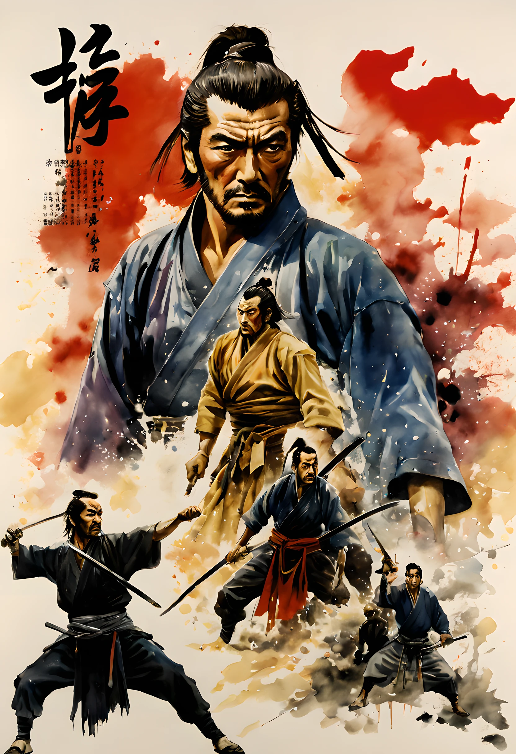 (Movie poset of Bushido:1.5), (movie poster style:1.5),(movie still:1.5), (movie poster:1.5), (ink and watercolor painting:1.5), (Tasteful:1.5), (ink and watercolor painting:1.5), (Chinese style:1.5), (full color:1.5), 8k, 4k, (magic:1.5), (dripping paint;1.5), (Japanese movie poster:1.5), (movie poster of Toshio Mifune featuring Musashi Miyamoto:1.5), Period Drama Poster:1.3), (Musashi Miyamoto:1.5), (miyamoto musashi:1.5), (Toshiro Mifune:1.5), (samurai:1.5), (samurais:1.5),((text:2)),