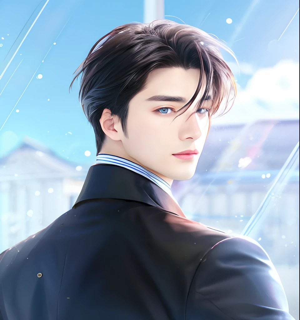 27 year old male, black hair, blue eyes, sharp jawline, Korean-French