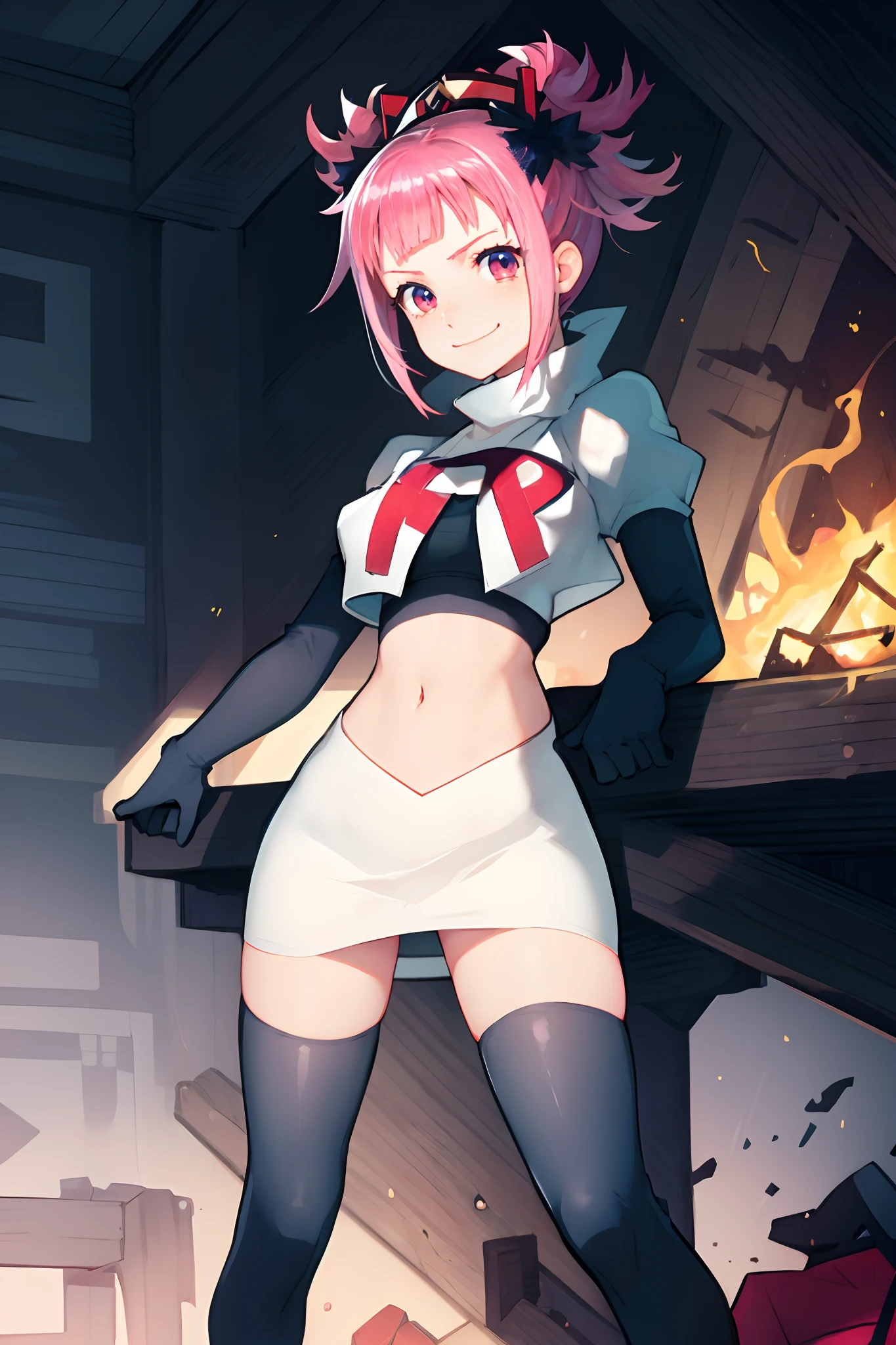 Hortensia, Hortensia \(Fire Emblem\), Hortensia \(Fire Emblem: Engage\), pink hair, team rocket, team rocket uniform, red letter R, white skirt, white crop top, black thigh-high boots, black elbow gloves, evil smile