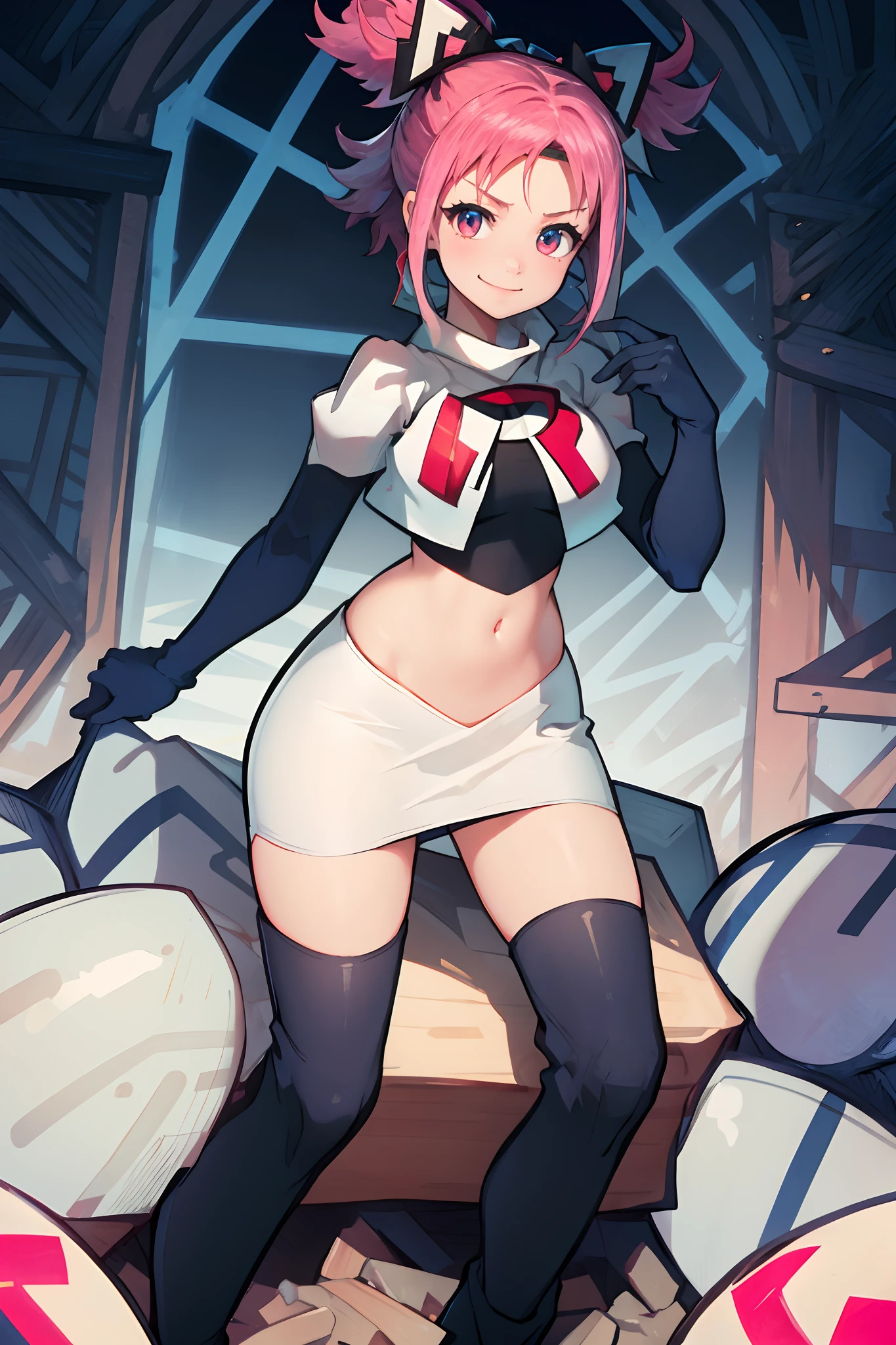 Hortensia, Hortensia \(Fire Emblem\), Hortensia \(Fire Emblem: Engage\), pink hair, team rocket, team rocket uniform, red letter R, white skirt, white crop top, black thigh-high boots, black elbow gloves, evil smile