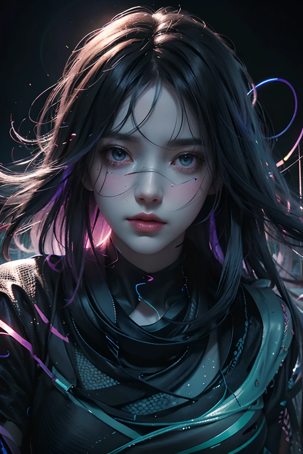 Abstract style mysterious figure emerges from the shadows in a tangled mess of iridescent wires and glowing mesh, colorsplash 1girl, extreme close-up, face hidden behind layers of glitched wavy distortions, Non-representational, colors and shapes, expression of feelings, imaginative, highly detailed,