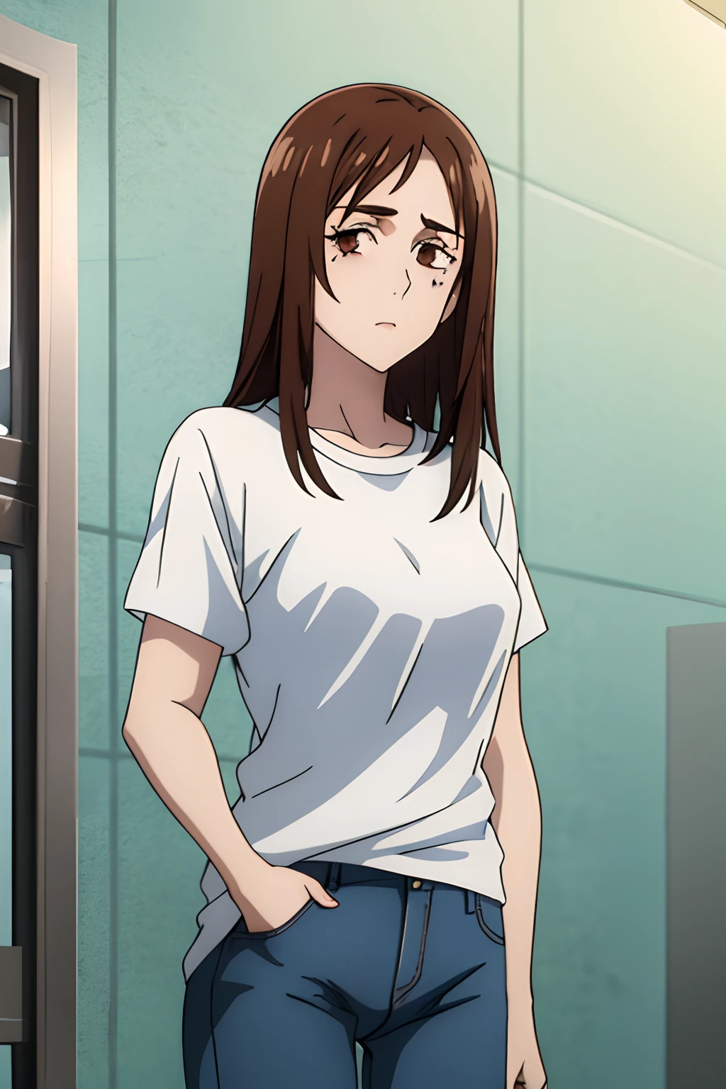 (best quality), (masterpiece), (solo), 1girl, shoko_ieiri, brown hair, brown eyes, long hair, eyeshadow, makeup, eyebags, (white tshirt), jeans, hospital room, tiled walls, looking at viewer,