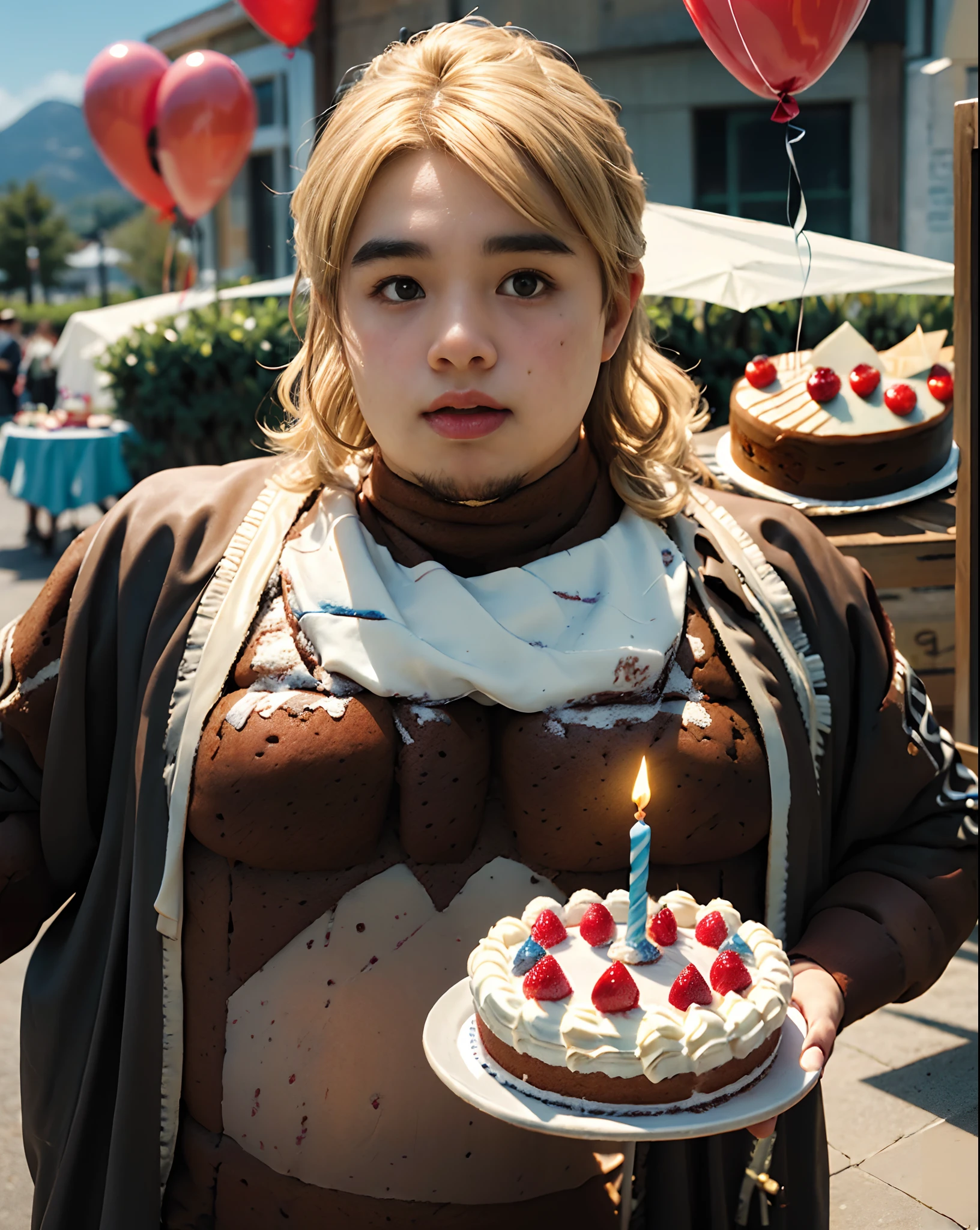 ((masterpiece), (best quality), ultra high res, highres, (raw photo:1.2), (photorealistic:1.4), Exceptional detail, dramatic lighting, highres, 8k, absurdres,
1boy, blonde hair, wavy hair, UltramanSeven body fatboy face, (fatboy:1.6), ((having a slice cake:1.1)), outdoor, monster_costumes, ((epic_birthday1.2)), balloons_decoration, ((cake:1.2))
ulzzang-6500:0.7,