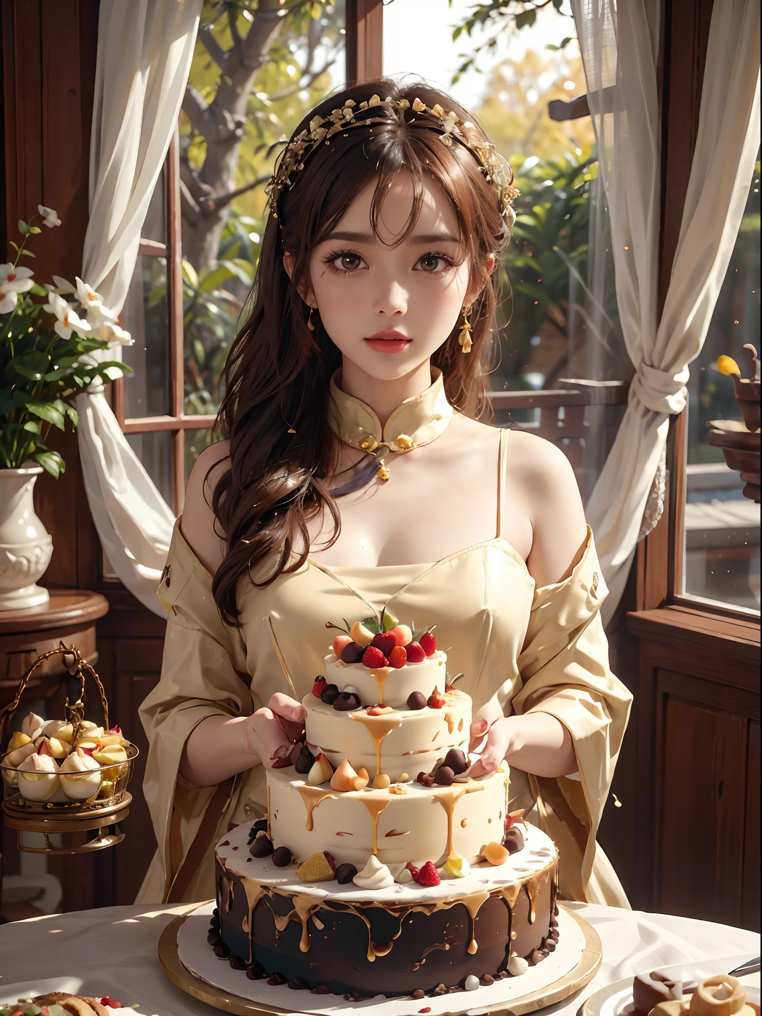 Five-tiered large cream cake,The cream cake is very detailed and realistic,((Detailed cakes)),(Chinese mythological themes)the fruits ,Very tasty,plethora of colors, Chocolate chips, Cupcakes, Caramel syrup, apples,warm colored light,Ray traching,Very detailed,Works of masters,cream-colored,Very high pixels,Extremely high pixels,8K, yes,of a real,Realistic,Warm kitchen background,There are laurel trees planted outside the window(Background bokeh)