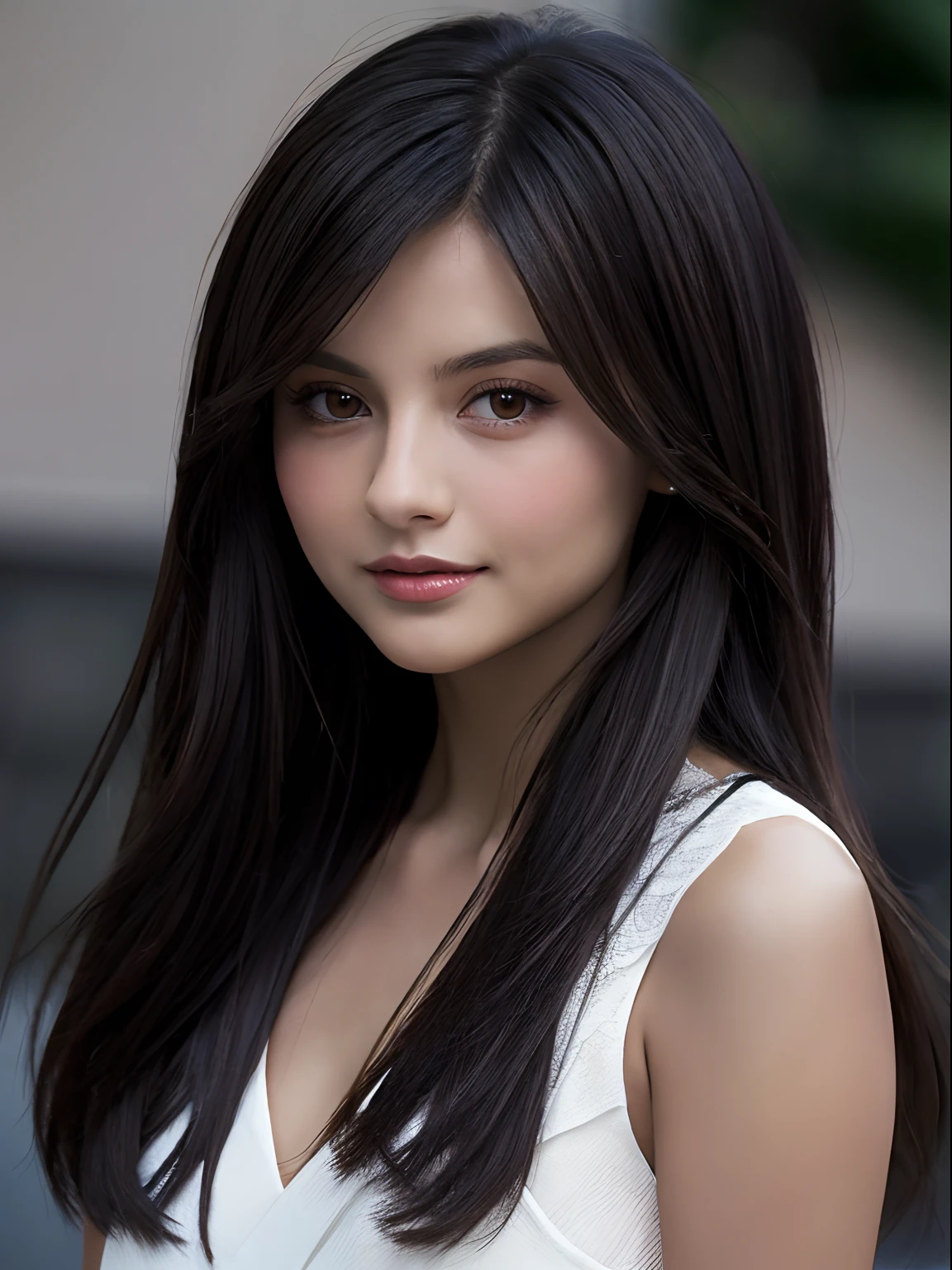 tanned asian woman+attractive+clean+beautiful skin, Tang Yan+Tiffany Tang+Tang Yan+beautiful+symmetric+attractive+flirting+clean skin+nerd:0.8 face, dark brown shoulder long+straight+Victoria Justice+beautiful+attractive hair, narrow+round+Victoria Justice 2014+beautiful+attractive forehead, dark brown Medium+round medium arc+Victoria Justice 2014+beautiful+attractive+sensual+flirting eyebrows, dark brown narrow+small+Tang Yan+Tiffany Tang+Tang Yan+beautiful+attractive+sensual+flirting+intense+very intense eyes, small+round medium arc+Andrea Duro 2017+beautiful+attractive+small+symmetric+european nose, Big+round+Ana de Armas 2022+beautiful+attractive+cute+young+feminine cheeks, red Medium+round+Ana de Armas 2022+beautiful+attractive+feminine lips, Medium+round+Jenna Coleman 2017+beautiful+attractive+cute+feminine chin, Medium+round+Jenna Coleman+beautiful+attractive+feminine jaw, most beautiful woman in the world, full size photo, 155cm tall, 5.1 feet tall , posing for the camera, Face looking into camera, Front portrait, Wearing a white dress.