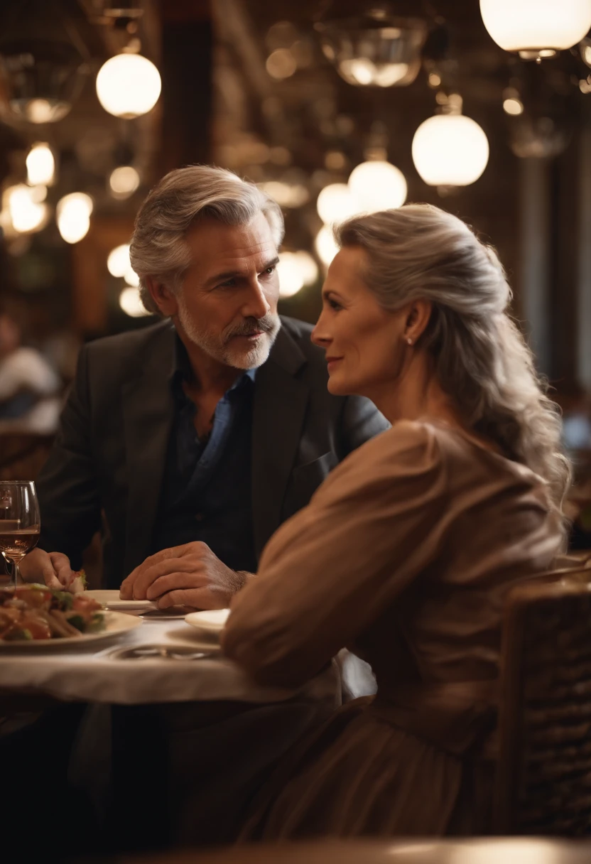 Man and woman at table in restaurant. Male about 50 years old, shingle, with gray hair. realistic shot, Apparel Costume. Fair complexion, A woman of about 45 years old, Natural brown hair, Characteristic brown eyes, slender and graceful, nice ass, Restaurant décor, ultra sharp focus, realistic shot, Apparel Evening Dress, Notebook colors (scar:1.4)