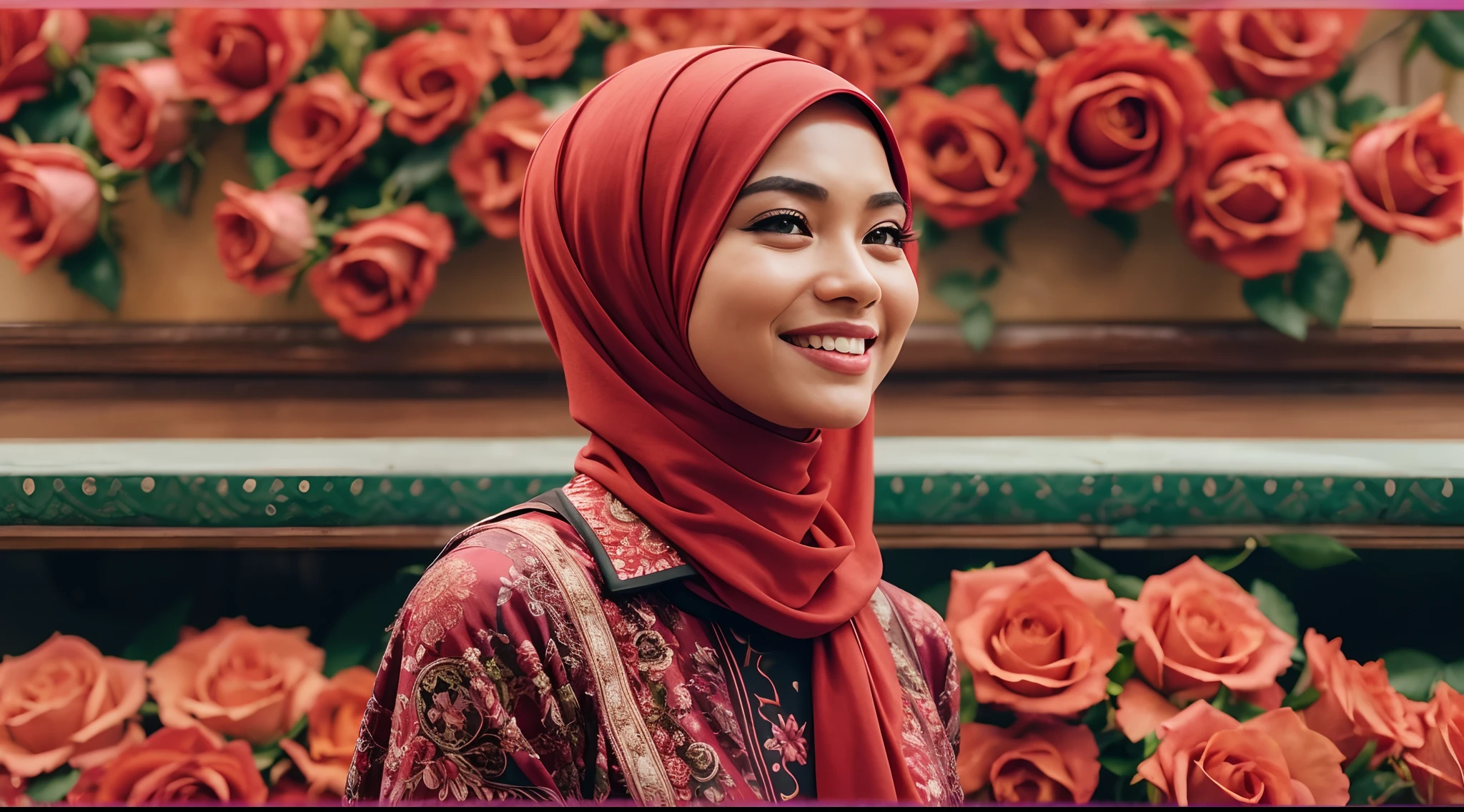Malay girl in hijab, wear small floral red color backless dress , laughing and posing with hand on head, touching her own head, wear handbag, front view, hijab blown, windy, detail skin, age spot, detail skin texture, mole below eyes, small breast, flat chest, wide hips, small waists, thick thighs, slim abs, beautiful body, nighttime, laughing, happy, bright lighting, college student in background, crowded cafe, blur background, bokeh,