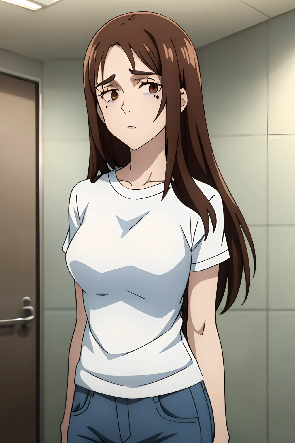 (best quality), (masterpiece), (solo), 1girl, shoko_ieiri, brown hair, brown eyes, long hair, eyeshadow, makeup, eyebags, (white tshirt), jeans, hospital room, tiled walls, looking at viewer,