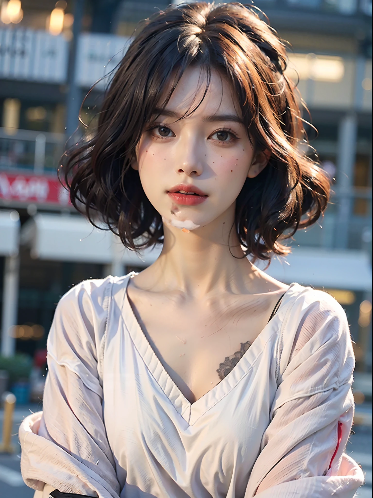 Random posture, mix4,(8k, RAW photo, best quality, masterpiece:1.2), (realistic, photo-realistic:1.37),1girl,cute,cityscape, night, rain, wet, professional lighting, photon mapping, radiosity, physically-based rendering,, gradient black colour hair,, White hair, short curly hair, handsome, girl, white ball suit, top quality picture, high resolution, 1080p, (clear face), (detailed facial description), (detailed hand description), (masterpiece), (exquisite CG), extreme light and shadow, messy hair, master's work, rich details, (fine facial features), (highest quality picture), (masterpiece), (detailed eyes),Look ahead with your eyes,Fine collarbone