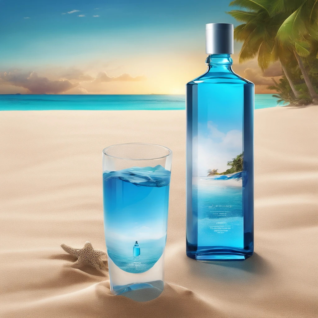 , Blue liquid, Young inspiration, Right angle and round tip design, Gently tucked away on the sands of a beautiful beach, Paradisiacal beach, the sunset, Transparency of water, Thick glass refraction, Caustics are projected in the sand, Caribbean, surfing