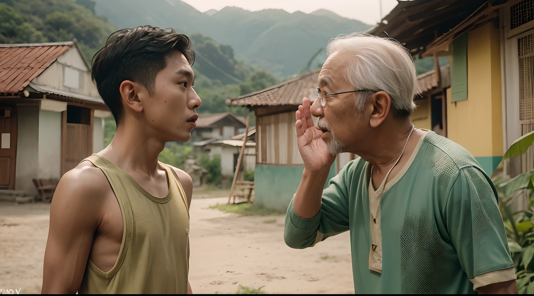 a film still of ung malay boy and 1 malay old man in sport attire having an argument in malay village, raise hand, photo taken using Panavision DXL2, style raw, in the style of Grand Budapest Hotel directed by Wes Anderson , low saturation, Super 8mm lens, Low angle shot, High Contrast cinematography effect, Natural Lighting, Desaturate color grading, high quality, ultra detail, 8k resolution,drama, high quality, ultra detailed, 8k resolution,
