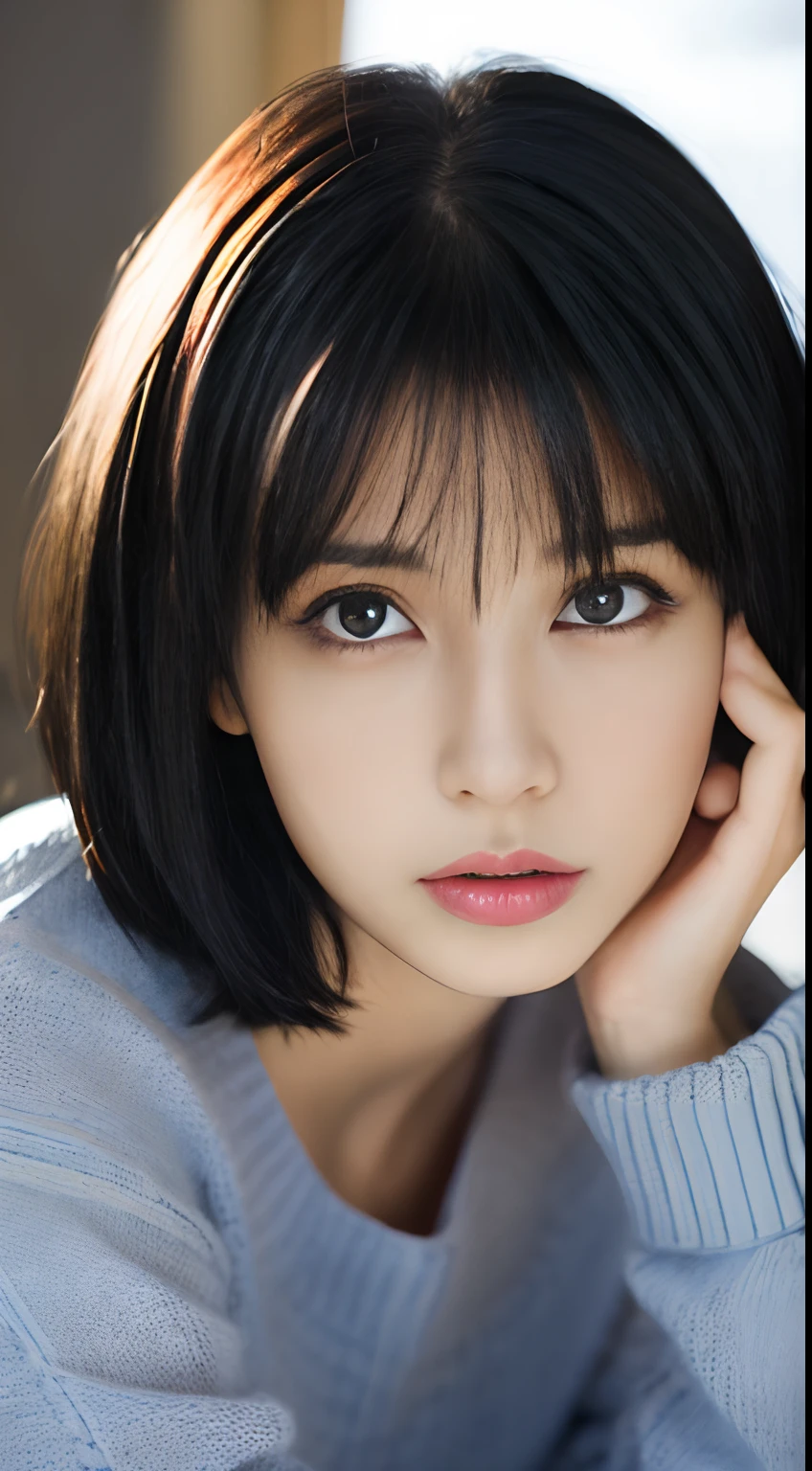 (Masterpiece:1.3), (8K, Photorealistic, RAW photo, Best quality: 1.4), (1girll), Beautiful face, (Realistic face), (Black hair, Short hair:1.3), Beautiful hairstyle, Realistic eyes, Beautiful detailed eyes, (Realistic skin), Beautiful skin, (Sweater), absurderes, Attractive, 超高分辨率, Ultra photo realsisim, Highly detailed, Golden ratio