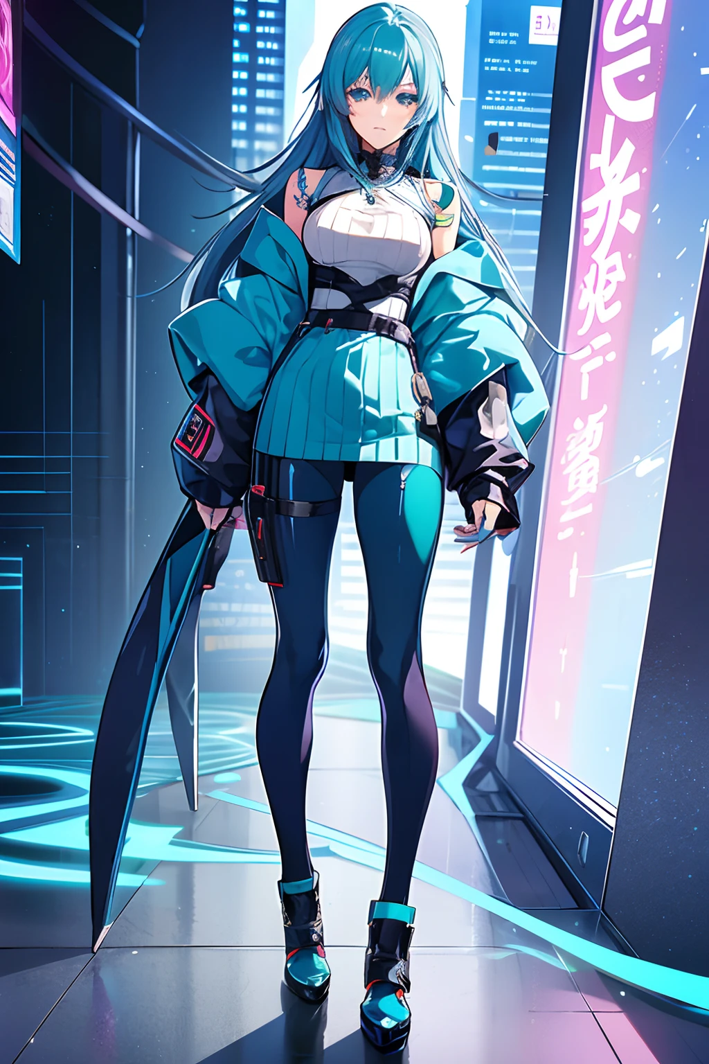 a close up of a person with a blue hair and a costume, seductive anime girl, anime character; full body art, anime woman fullbody art, cyberpunk anime girl, female cyberpunk anime girl, anime full body illustration, anime character, detailed anime character art, anime girl with teal hair, female anime character, anime character art, extremely detailed artgerm