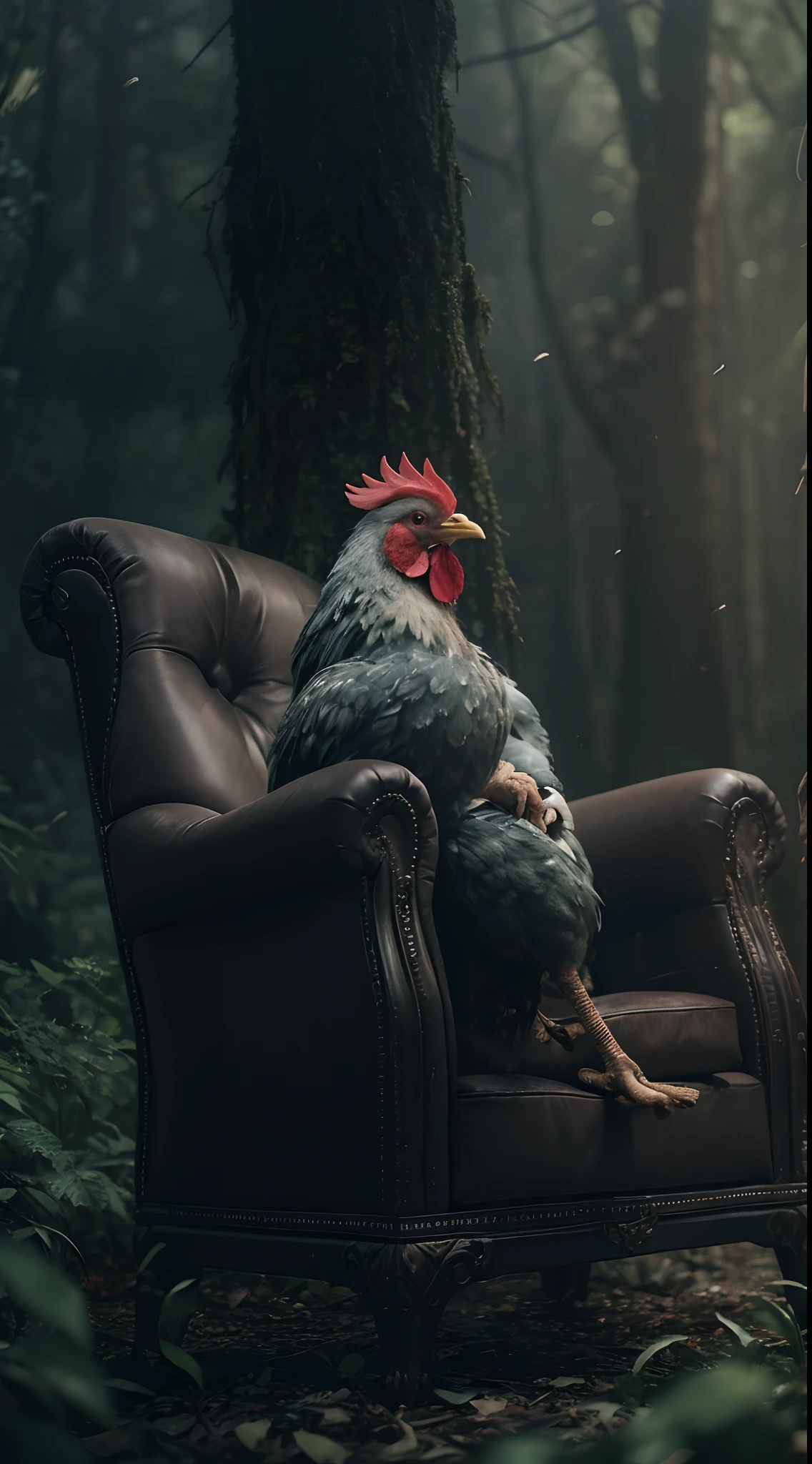 Create a chicken in smoking cigar and seat on a throne while lot of money is falling from the sky, money scatered, dark ambient, mystical forest background, style raw, dark color grading, Super 8mm lense, Extreme close-up, Deep Focus cinematography effect, high quality, ultra detail, 8k,