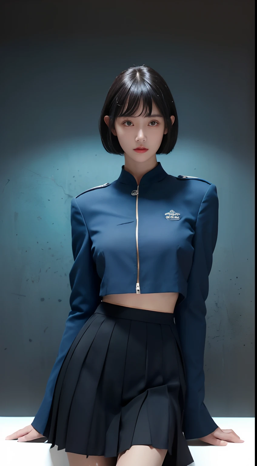 (Highest resolution, distinct_image), Best quality, Masterpiece, Highly detailed, Half realistic, A woman with black shoulder-length hair, Black pupils, mature, Mature woman, Imperial sister, Sexy, Short hair, Three bangs, Light blue uniform, Light blue uniform jacket, soldier, Light blue pleated skirt, army suit, Fighter front, future, Science fiction, Universe