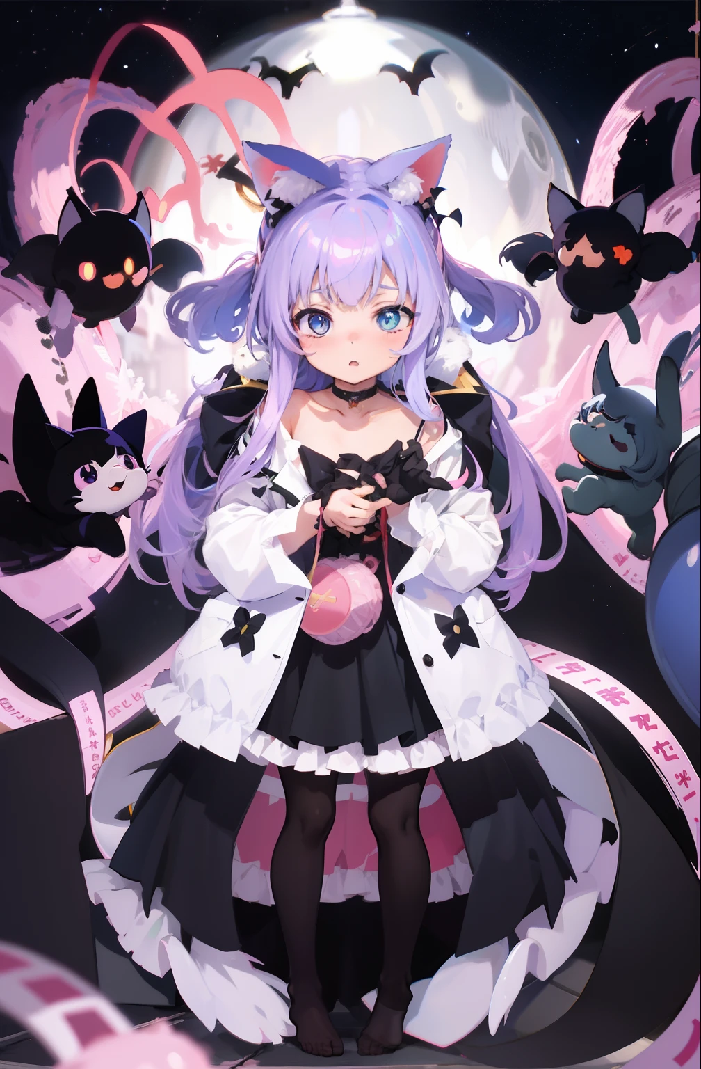 une fille de dessin animé avec des cheveux blancs et des chats noirs sur un fond rose, Anime Cat Girl en costume de femme de chambre, Nyaruko-san, anime catgirl, Holo est une fille loup, anime monster girl, Nekomimi, Anime Fille avec des oreilles de chat, Fille de chat blanc, Gapmoe Yandere Grimdark, mignon anime catgirl, corps complet adoptable