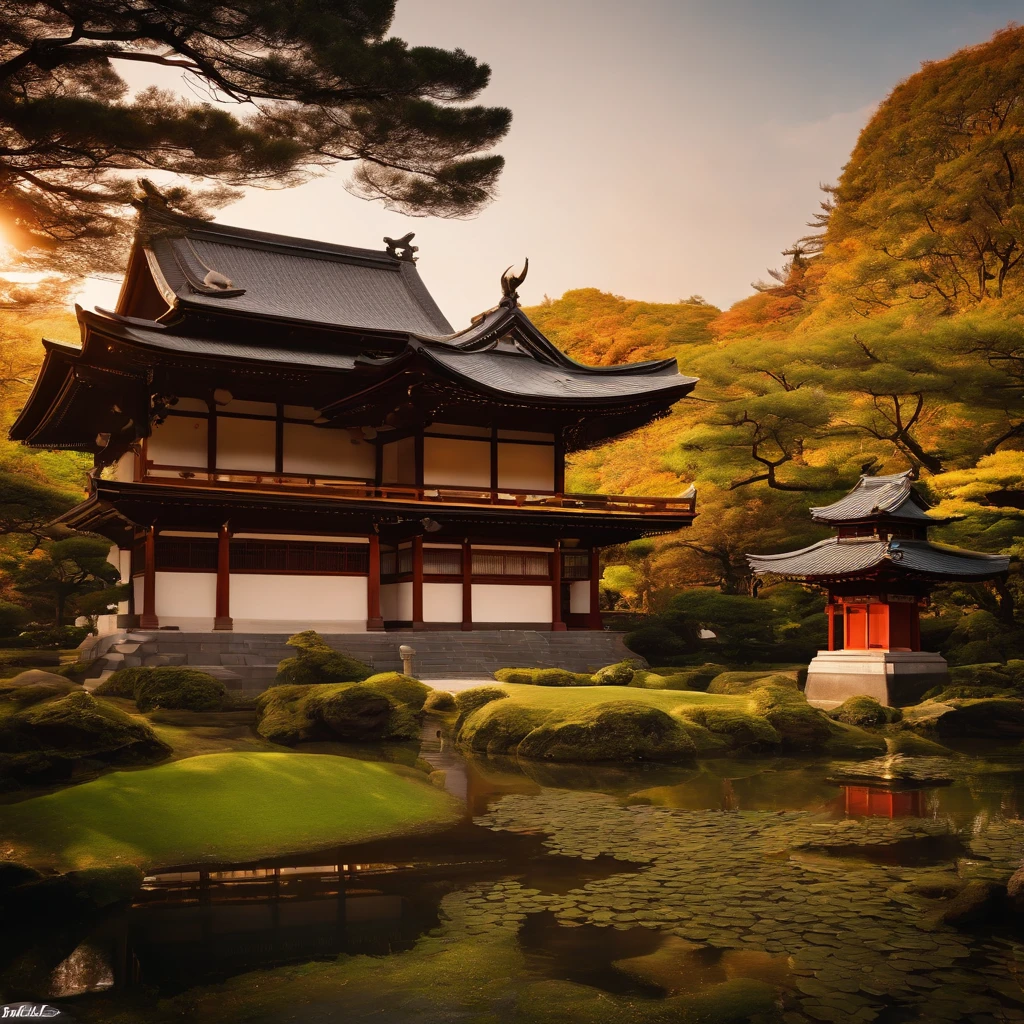 wallpaper hd，(((An exquisite Japanese temple：1.3))),Large lawn、2 Buddha statues，(HD Real),，The screen is filled with golden sunlight，HD picture，1/3. Leave blank，Nikon SLR lenses，Shoot at medium distance，Soft lighting，Ultra high quality，tmasterpiece，电影灯光