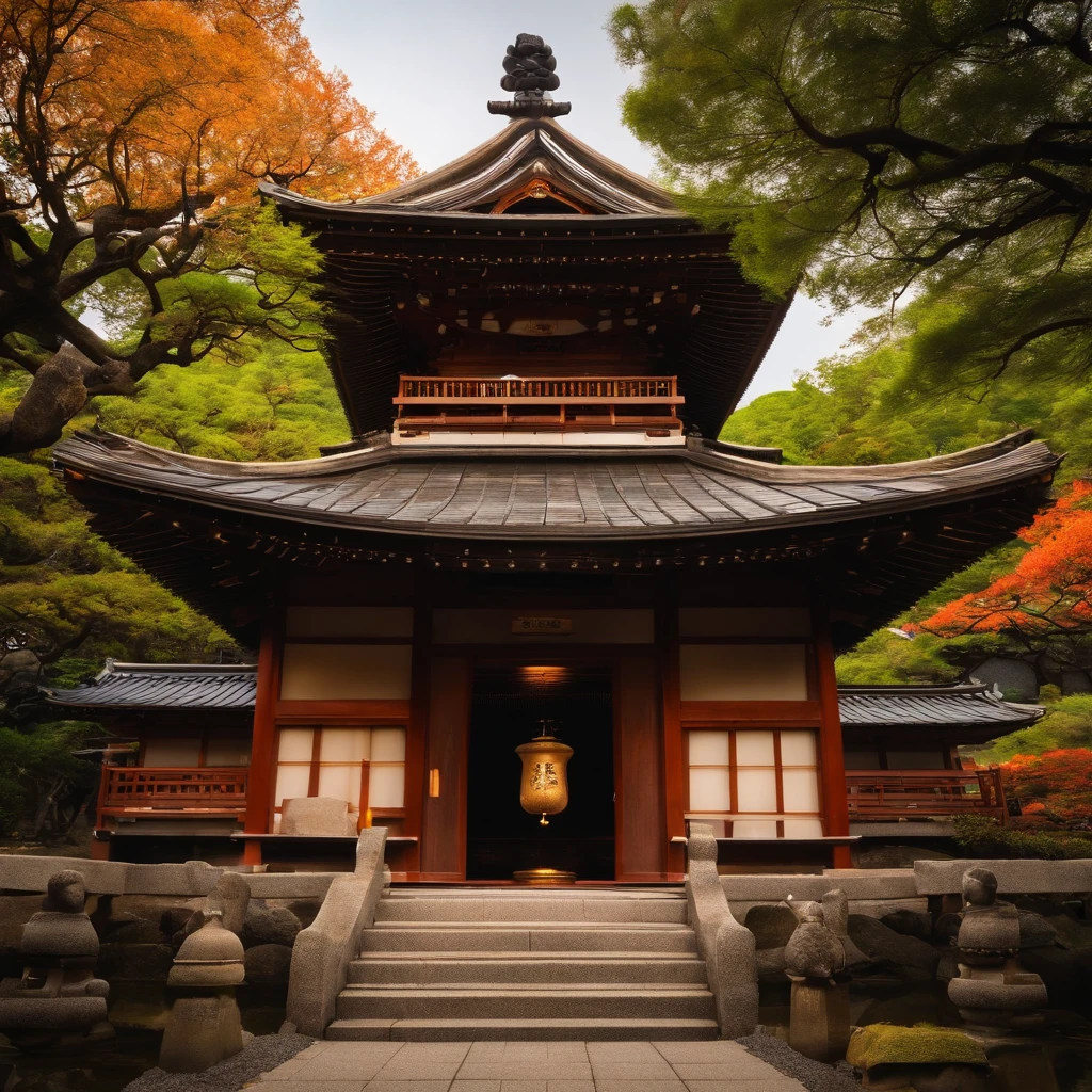 wallpaper hd,(((An exquisite Japanese temple:1.3))),Large lawn、2 Buddha statues,(HD Real),,The screen is filled with golden sunlight,HD picture,1/3. Leave blank,Nikon SLR lenses,Shoot at medium distance,Soft lighting,Ultra high quality,tmasterpiece,电影灯光