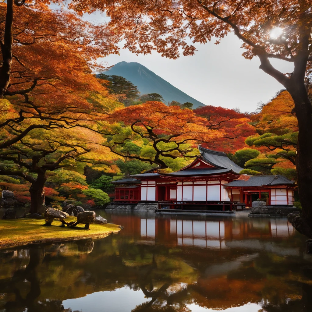 wallpaper hd,(((An exquisite Japanese temple in autumn:1.3))),Large lawn、2 Buddha statues,(HD Real),,The screen is filled with golden sunlight,HD picture,1/3. Leave blank,Nikon SLR lenses,Shoot at medium distance,Soft lighting,Ultra high quality,tmasterpiece,电影灯光
