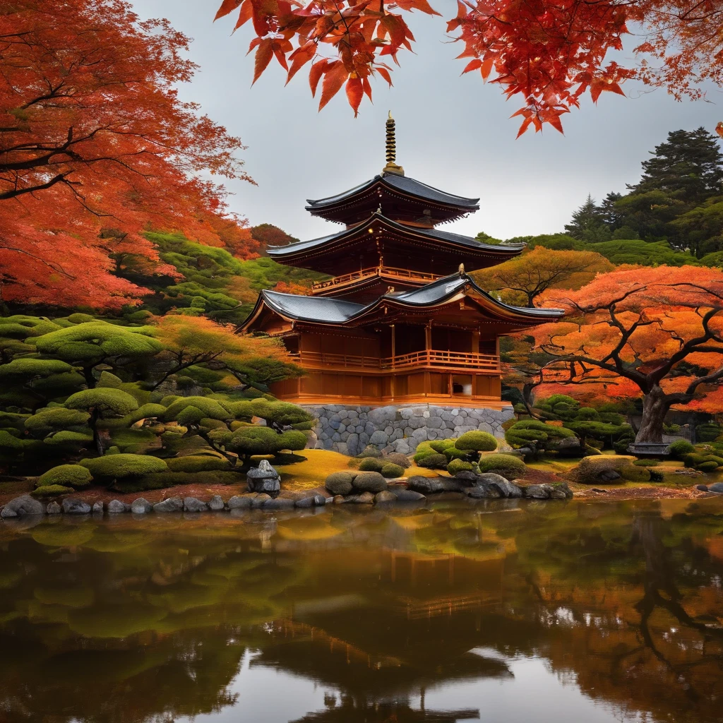 wallpaper hd,(((An exquisite Japanese temple in autumn:1.3))),Large lawn、2 Buddha statues,(HD Real),,The screen is filled with golden sunlight,HD picture,1/3. Leave blank,Nikon SLR lenses,Shoot at medium distance,Soft lighting,Ultra high quality,tmasterpiece,电影灯光