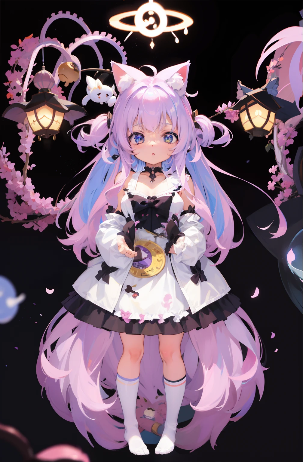 une fille de dessin animé avec des cheveux blancs et des chats noirs sur un fond rose, Anime Cat Girl en costume de femme de chambre, Nyaruko-san, anime catgirl, Holo est une fille loup, anime monster girl, Nekomimi, Anime Fille avec des oreilles de chat, Fille de chat blanc, Gapmoe Yandere Grimdark, mignon anime catgirl, corps complet adoptable