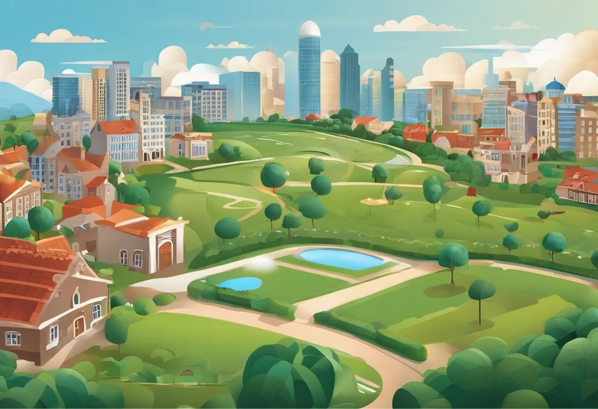 2D graphic illustration，The number 8 is surrounded by buildings as a theme，Vector illustration，panoramic lens，Eighth anniversary::5，with blue sky and white clouds，running track，The grass is rich in color，Ultra-high detail optimization，9:16,4k