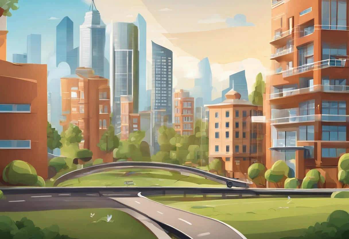 2D graphic illustration,The number 8 is surrounded by buildings as a theme,Vector illustration,panoramic lens,Eighth anniversary::5,with blue sky and white clouds,running track,The grass is rich in color,Ultra-high detail optimization,9:16,4k