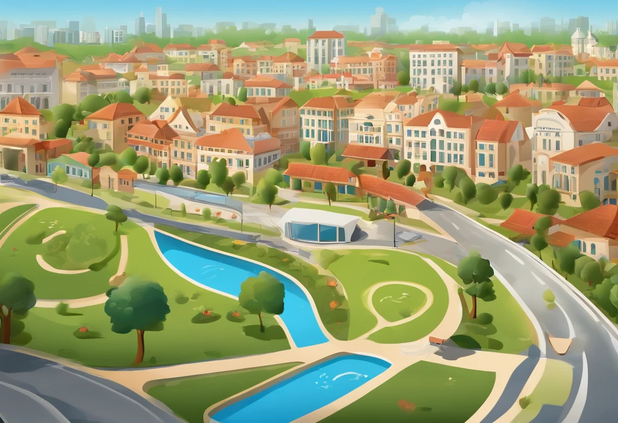 2D graphic illustration,The number 8 is surrounded by buildings as a theme,Vector illustration,panoramic lens,Eighth anniversary::5,with blue sky and white clouds,running track,The grass is rich in color,Ultra-high detail optimization,9:16,4k