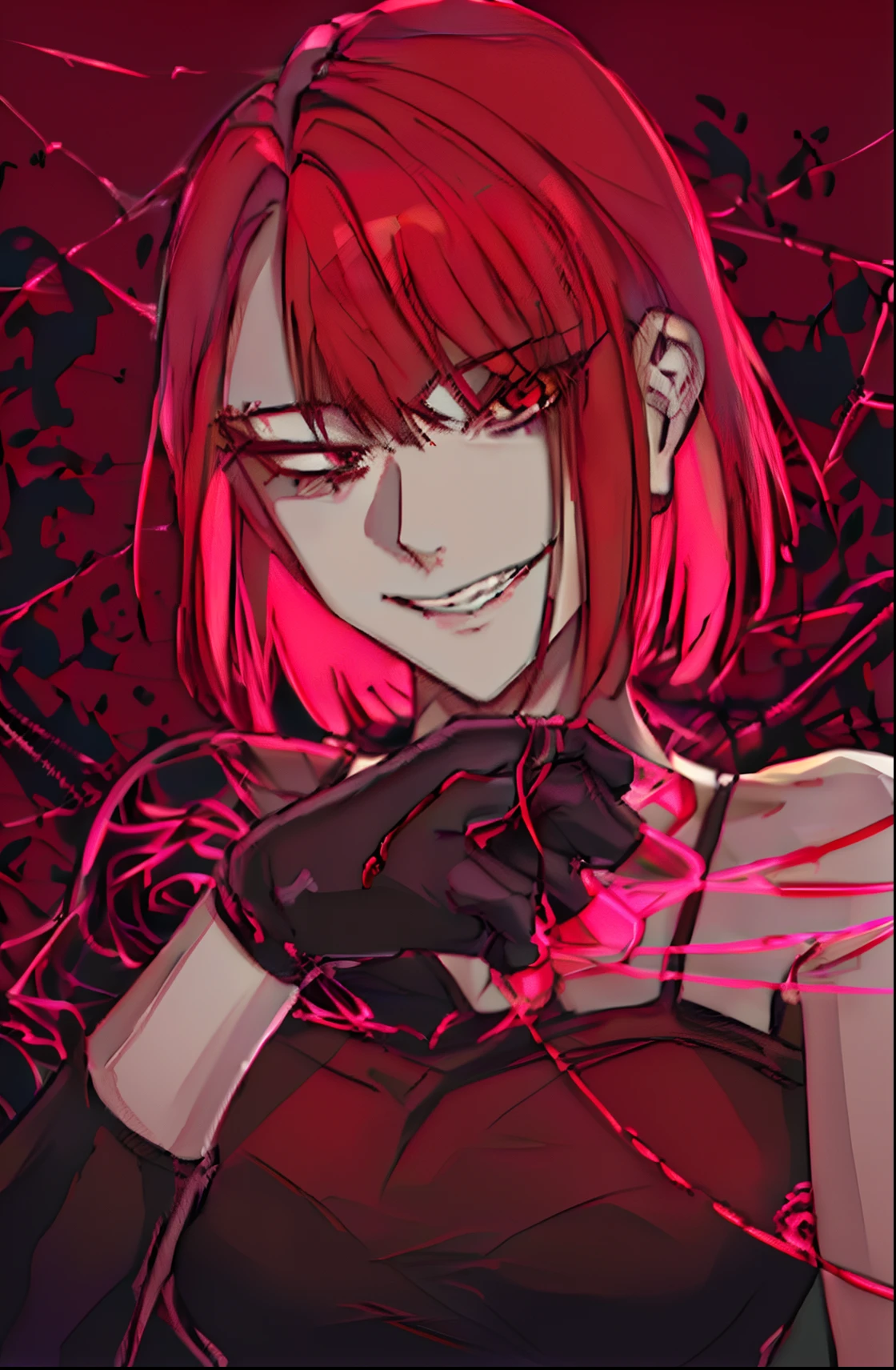 a woman with red hair and glasses holding a spider web, hints of yayoi kasuma, yandere intricate, [[[[grinning evily]]]], gapmoe yandere grimdark, anya from spy x family, chainsaw man manga, chainsaw man, portrait gapmoe yandere grimdark, female protagonist 👀 :8, yayoi kasuma