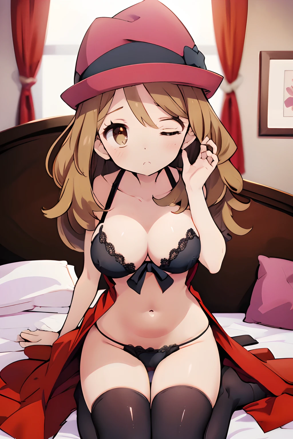 4kqulity, top-quality, , big ,)on the beds, show breaste, sexypose, ultmini beautiful lingerie and stockings, Bewitchingbeauty legs, closing eye Feeling face Love Pee, show vaginal rupture, microbikini, Serena \(pokemon\), red hat, brown hair