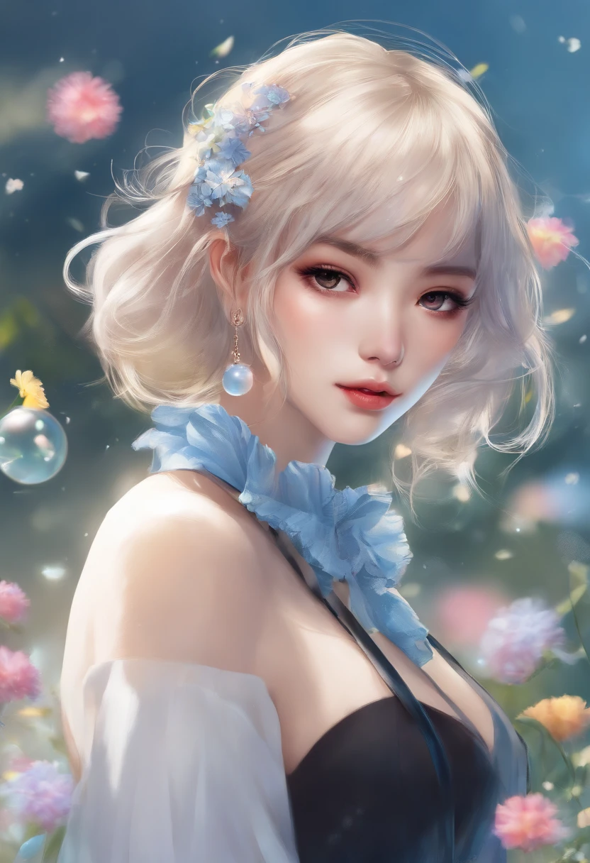 (masterpiece), (best quality), (ultra detailed),(disheveled hair),(illustration), (1girl), (Fashionable clothing), standing, Fashion model, looking at viewer, (interview), (simple background),beautiful detailed eyes, delicate beautiful face, Floating,(high saturation),(colorful splashes),colorful bubble,(shining), focus on face, ponytail, kamisato ayaka, light blue hair, bangs, hair ring, floating flowers, floating hairs, (shining), best lighting, best shadow,