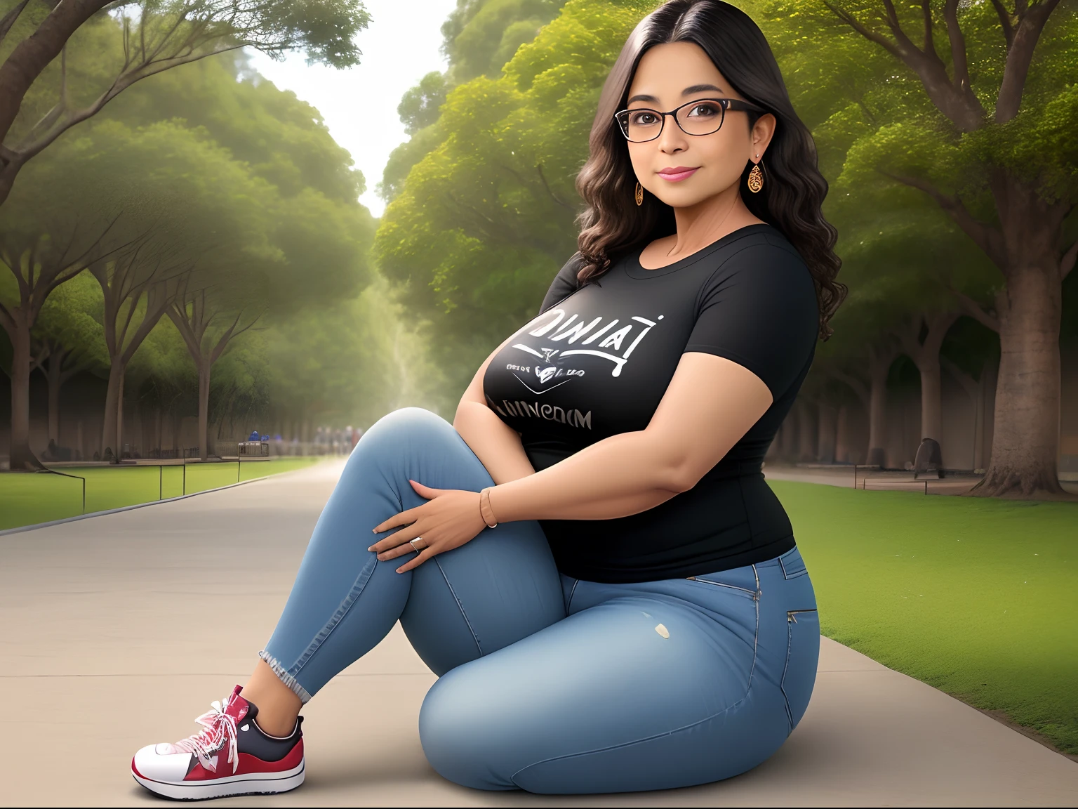 Mulher de pele morena clara , indigenous traits,  48 anos, Kindergarten teacher wears glasses,  Cabelos lisos compridos e pretos,  In a park with trees and flowers , thick lips, seios pequenos, Wearing jeans, black t-shirt and sneakers,  magra. Peitos pequenos.