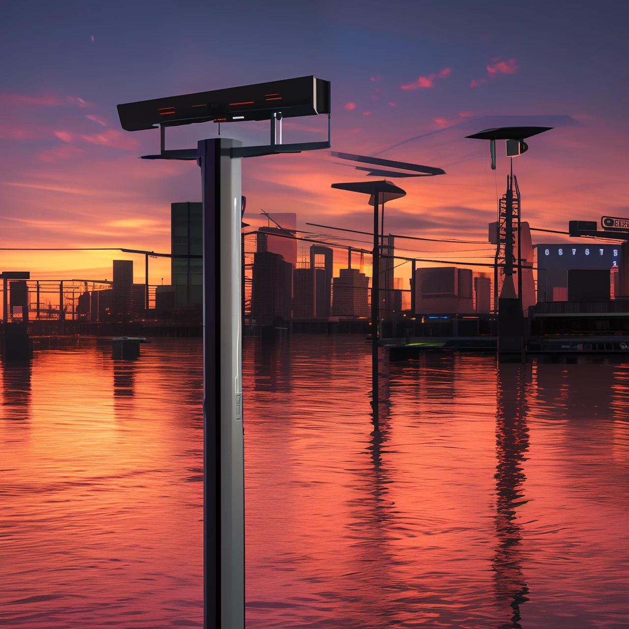 Future city with electric network, pole, sunset realistic