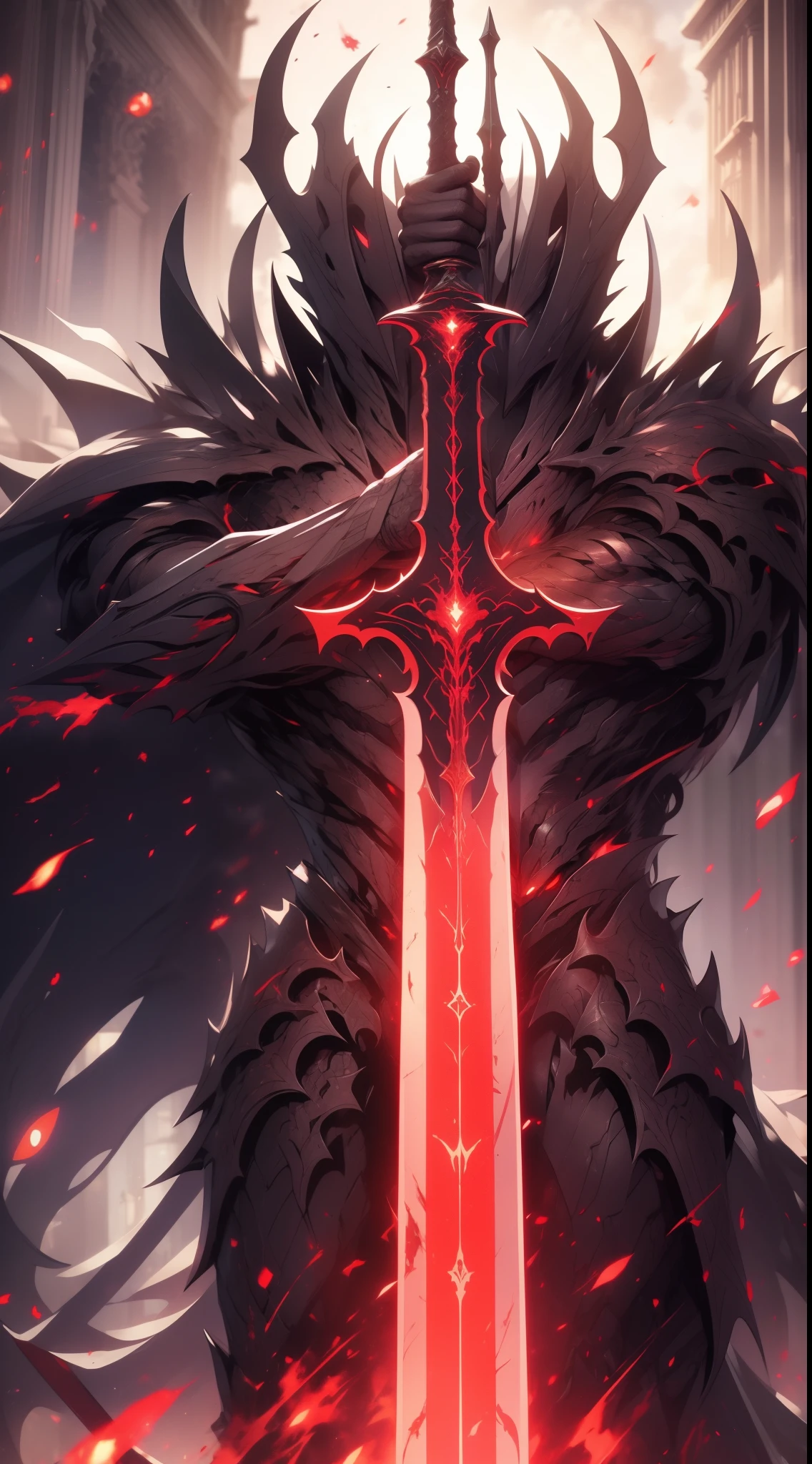 A high resolution, High quality,(Beautiful), ((Masterpiece)),Vibrant colors,1boys, mod \(rampage\), Male focus, Arms, Biceps, Strong muscles,scars in the face, Short black hair, Bandages,The right eye is closed, A strand of white hair,Extremely angry face,(Hylock Knight,Armor, Shoulder armor, Black armor,Black cape,Giant sword, Glowing red eyes), hdr (HighDynamicRange), Maximum clarity and sharpness, Multi-layered textures,ultra - detailed,