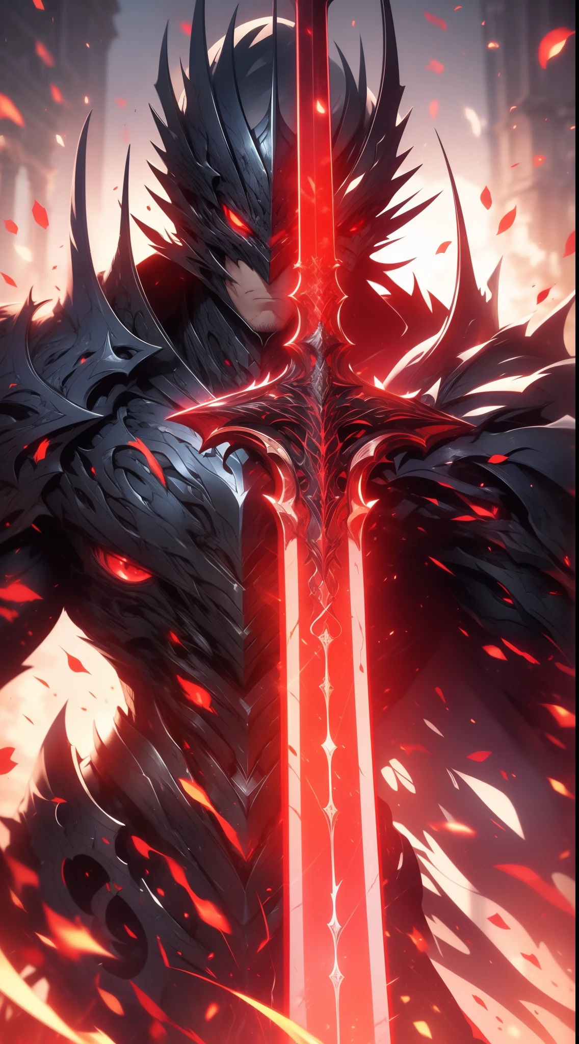 A high resolution, High quality,(Beautiful), ((Masterpiece)),Vibrant colors,1boys, mod \(rampage\), Male focus, Arms, Biceps, Strong muscles,scars in the face, Short black hair, Bandages,The right eye is closed, A strand of white hair,Extremely angry face,(Hylock Knight,Armor, Shoulder armor, Black armor,Black cape,Giant sword, Glowing red eyes), hdr (HighDynamicRange), Maximum clarity and sharpness, Multi-layered textures,ultra - detailed,