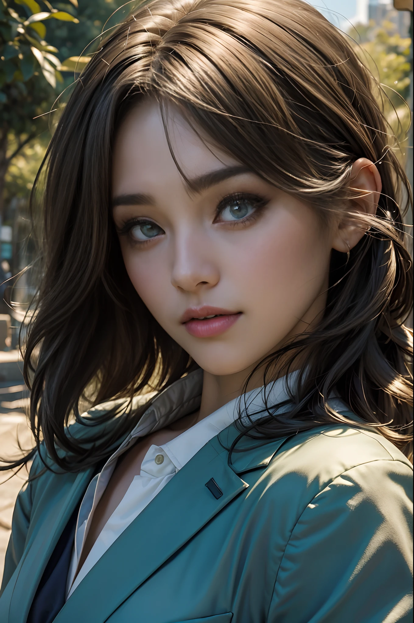 ((best quality, 8k, master part :1.3)), (Realistic, fotorrealista:1.4)Uma mulher bonita com figura perfeita :1.4, ((Seios enormes, seios gigantescos:1.4)), Beautiful, sorrir, (brilhante:1.4), mulher bonita, (Rosto altamente detalhado:1.2), (suit jacket), (blazer formal), clivagem, cabelos descoloridos, olhos soprados, Bob, sentado, Olhos detalhados, Double eyelidm, mulher bonita japonesa,