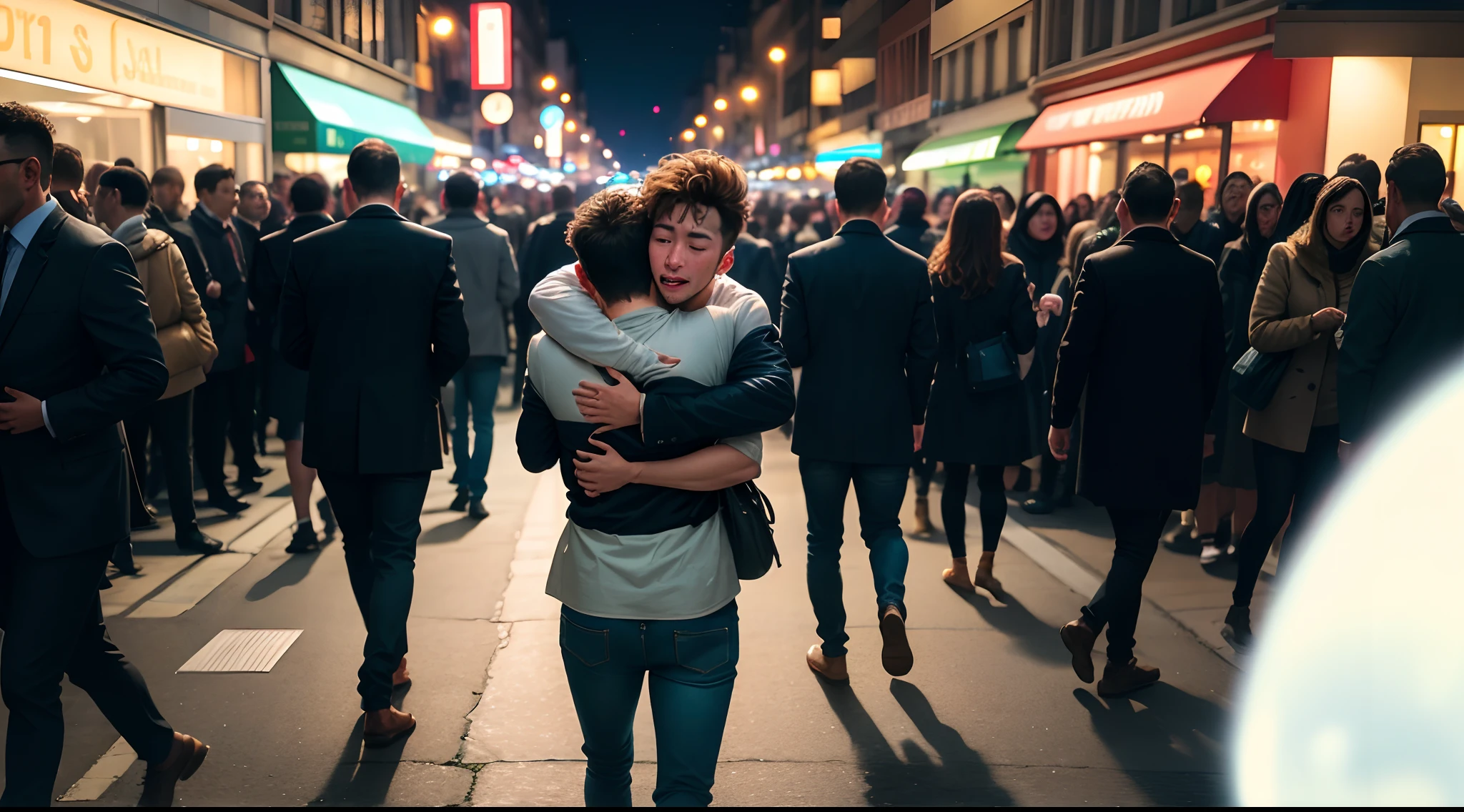 A guy standing in a very busy street surrounded by people being hugged by a ghost