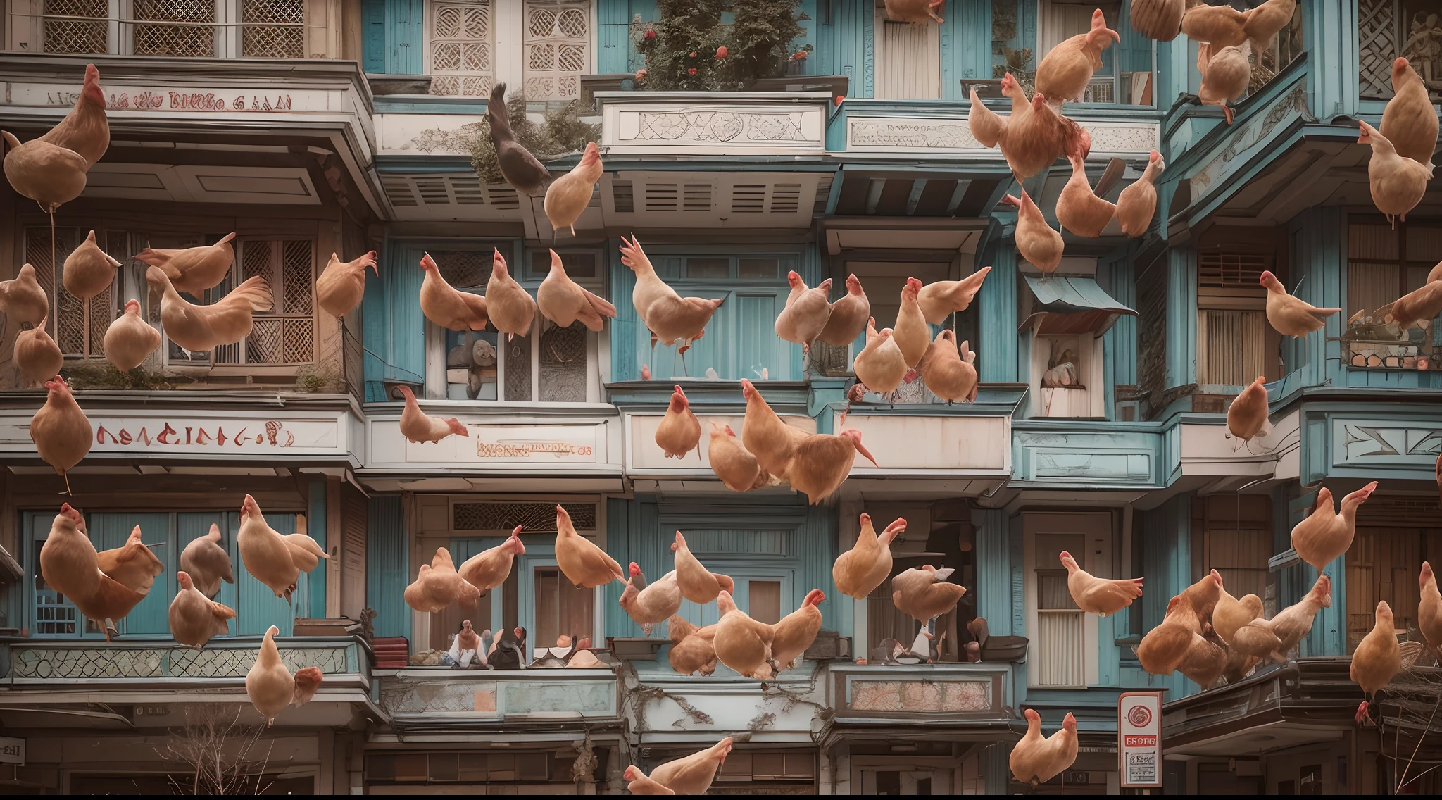 hyper realistic photo of 3 floating upside down chicken in bustling and crowded Kuala Lumpur city street with moon background, nighttime, floating due to zero gravity, people look and shocked to the chicken, bokeh, style raw, in the style of Grand Budapest Hotel directed by Wes Anderson , low saturation, Super 8mm lens, Low angle shot, High Contrast cinematography effect, Natural Lighting, Desaturate color grading, high quality, ultra detail, 8k resolution,