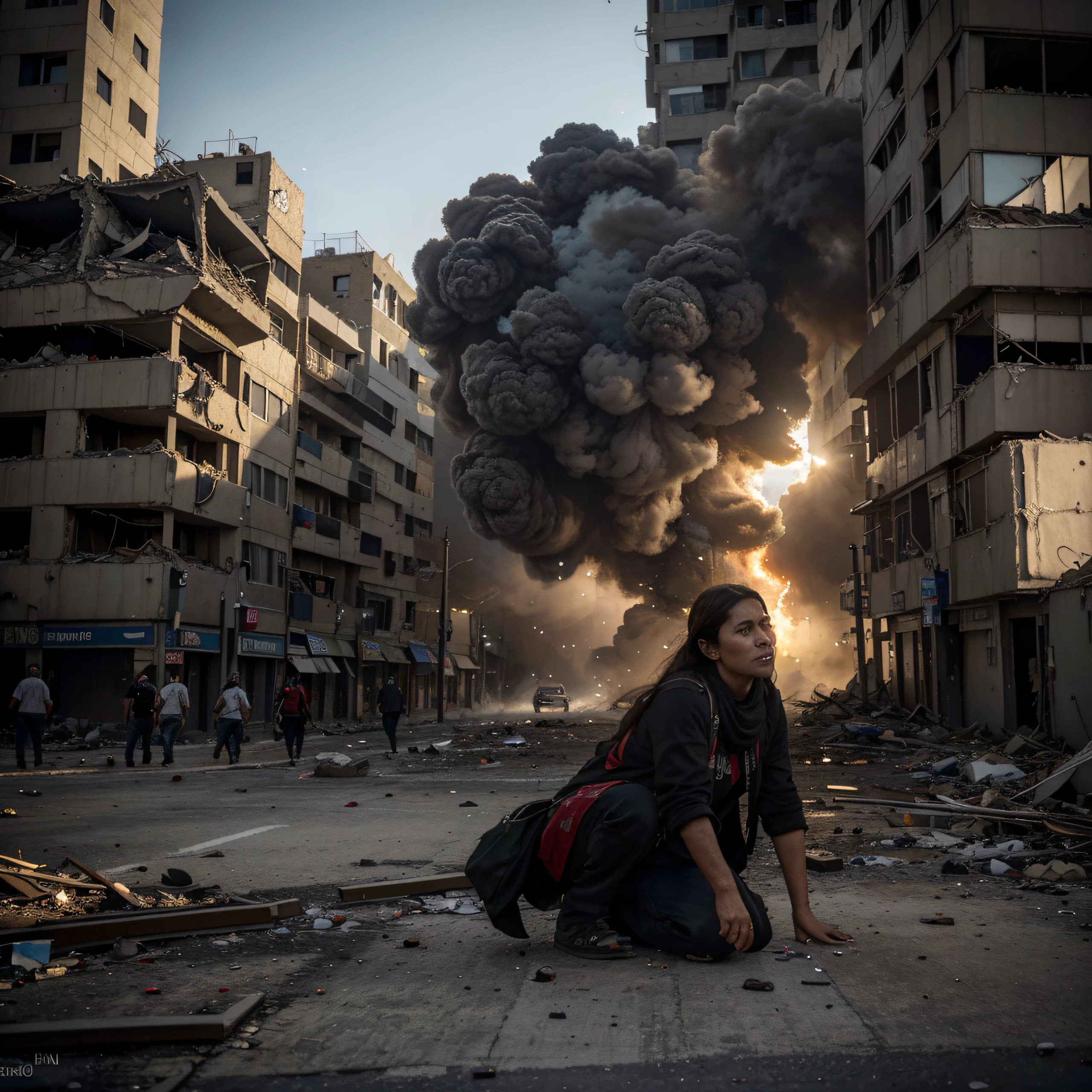 (best quality,4k,8k,highres,masterpiece:1.2),ultra-detailed,(realistic,photorealistic,photo-realistic:1.37),HDR,UHD,studio lighting,extreme detail description,professional,vivid colors,bokeh,portraits,landscape

gaza city war,Journalist camera,strong impact,devastation and destruction,damaged infrastructure,chaotic setting,in ruins,broken buildings,dark smoke rising,scattered debris,people fleeing in panic,war-torn streets,conflict zone,tension in the air,emergency responders rushing,reporter capturing the scene,documenting the tragedy,bold photography,capturing emotions,moments frozen in time,narrating the story with images,photojournalism making a difference,unfiltered reality,keeping the world informed,conveying the harsh reality,exposing the suffering,witnessing the aftermath,capturing hope amidst despair,powerful visual storytelling,spreading awareness through images,compelling frames,frozen frames telling a thousand stories