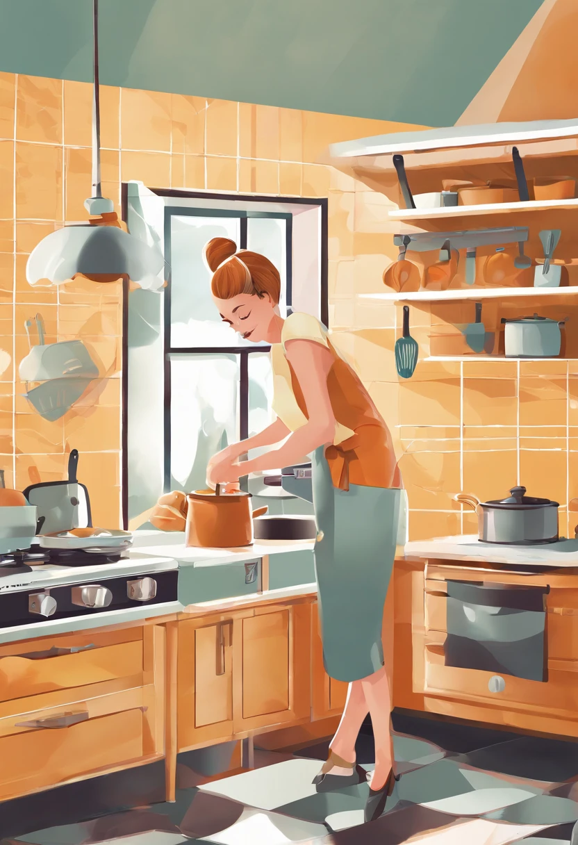 there is a woman standing in a kitchen preparing food, In a kitchen, In the kitchen, Cooking,illustration，rays of sunshine，spacious