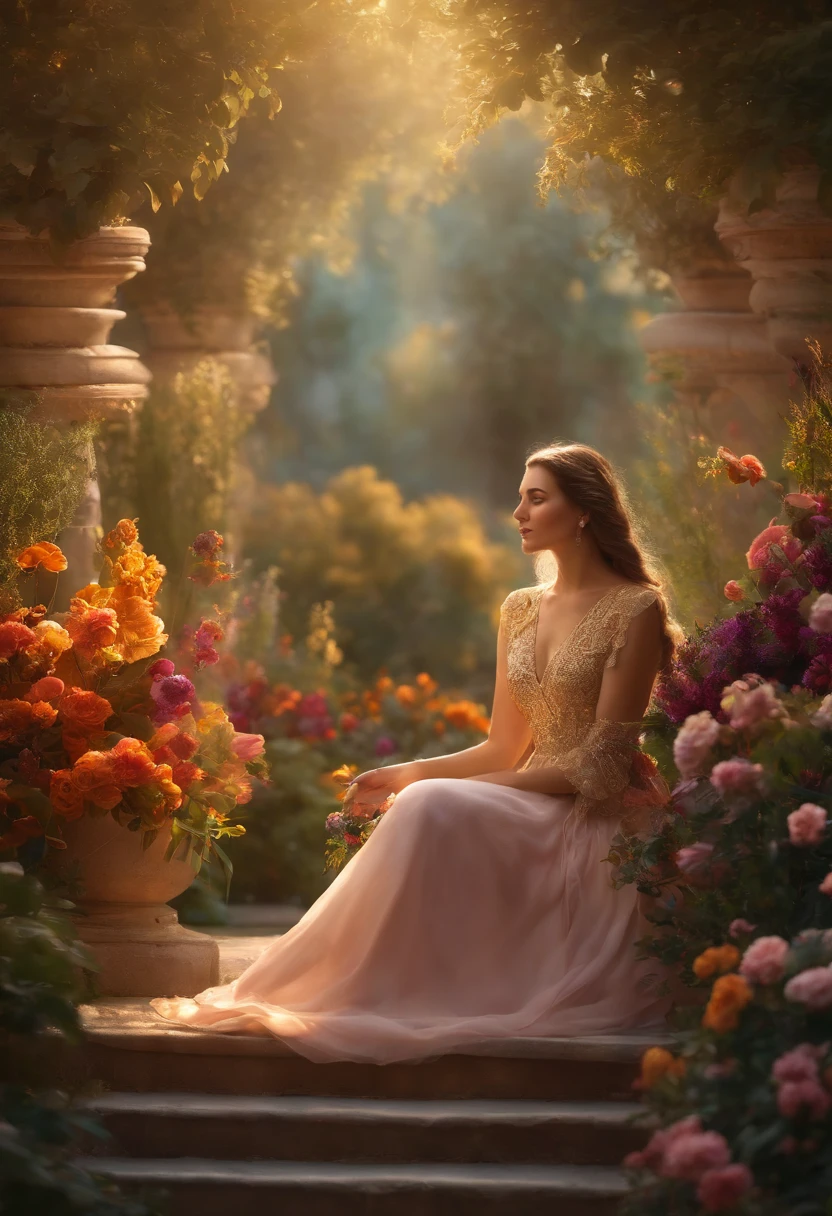 A girl standing on a horizontal plane in a vibrant garden filled with colorful flowers and plants, set against the backdrop of a breathtaking sunset casting a warm and golden light. Her eyes are beautifully detailed, with long eyelashes that enhance her graceful and ethereal appearance. The girl's lips are also meticulously defined, adding to the overall allure of her facial features.
The artwork is created using a mix of digital illustration and photorealistic techniques, resulting in a masterpiece that showcases high-quality details and realism. The image is rendered in ultra-high resolution (4k or 8k) to capture every minute element with stunning clarity.
The garden is adorned with delicate crystals that sparkle as they catch the sunlight, giving the scene a touch of magic. The flowers and plants are lush and vivid, exuding a sense of life and abundance. The colors are rich and vibrant, enhancing the dreamlike atmosphere of the artwork.
The composition is carefully designed to create a sense of serenity and tranquility. The horizontal planes in the background add depth and perspective to the image, guiding the viewer's gaze towards the central figure. The lighting is expertly crafted, with soft and warm hues illuminating the scene, casting long shadows that add depth and texture.
In terms of art style, the artwork draws inspiration from fantasy realms such as the mystical Phoenix and the enchanting landscape of Skyrim. This fusion of mythical and magical elements with the beauty of nature creates a captivating and otherworldly atmosphere.
Overall, this prompt generates a visually stunning image of a girl in a garden at sunset, where the intricate details, high-quality resolution, vibrant colors, and expert lighting combine to create a truly mesmerizing piece of art.