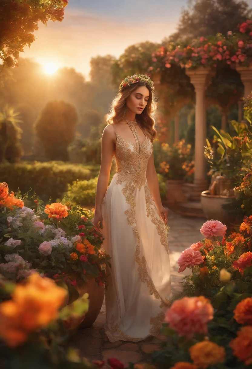 A girl standing on a horizontal plane in a vibrant garden filled with colorful flowers and plants, set against the backdrop of a breathtaking sunset casting a warm and golden light. Her eyes are beautifully detailed, with long eyelashes that enhance her graceful and ethereal appearance. The girl's lips are also meticulously defined, adding to the overall allure of her facial features.
The artwork is created using a mix of digital illustration and photorealistic techniques, resulting in a masterpiece that showcases high-quality details and realism. The image is rendered in ultra-high resolution (4k or 8k) to capture every minute element with stunning clarity.
The garden is adorned with delicate crystals that sparkle as they catch the sunlight, giving the scene a touch of magic. The flowers and plants are lush and vivid, exuding a sense of life and abundance. The colors are rich and vibrant, enhancing the dreamlike atmosphere of the artwork.
The composition is carefully designed to create a sense of serenity and tranquility. The horizontal planes in the background add depth and perspective to the image, guiding the viewer's gaze towards the central figure. The lighting is expertly crafted, with soft and warm hues illuminating the scene, casting long shadows that add depth and texture.
In terms of art style, the artwork draws inspiration from fantasy realms such as the mystical Phoenix and the enchanting landscape of Skyrim. This fusion of mythical and magical elements with the beauty of nature creates a captivating and otherworldly atmosphere.
Overall, this prompt generates a visually stunning image of a girl in a garden at sunset, where the intricate details, high-quality resolution, vibrant colors, and expert lighting combine to create a truly mesmerizing piece of art.